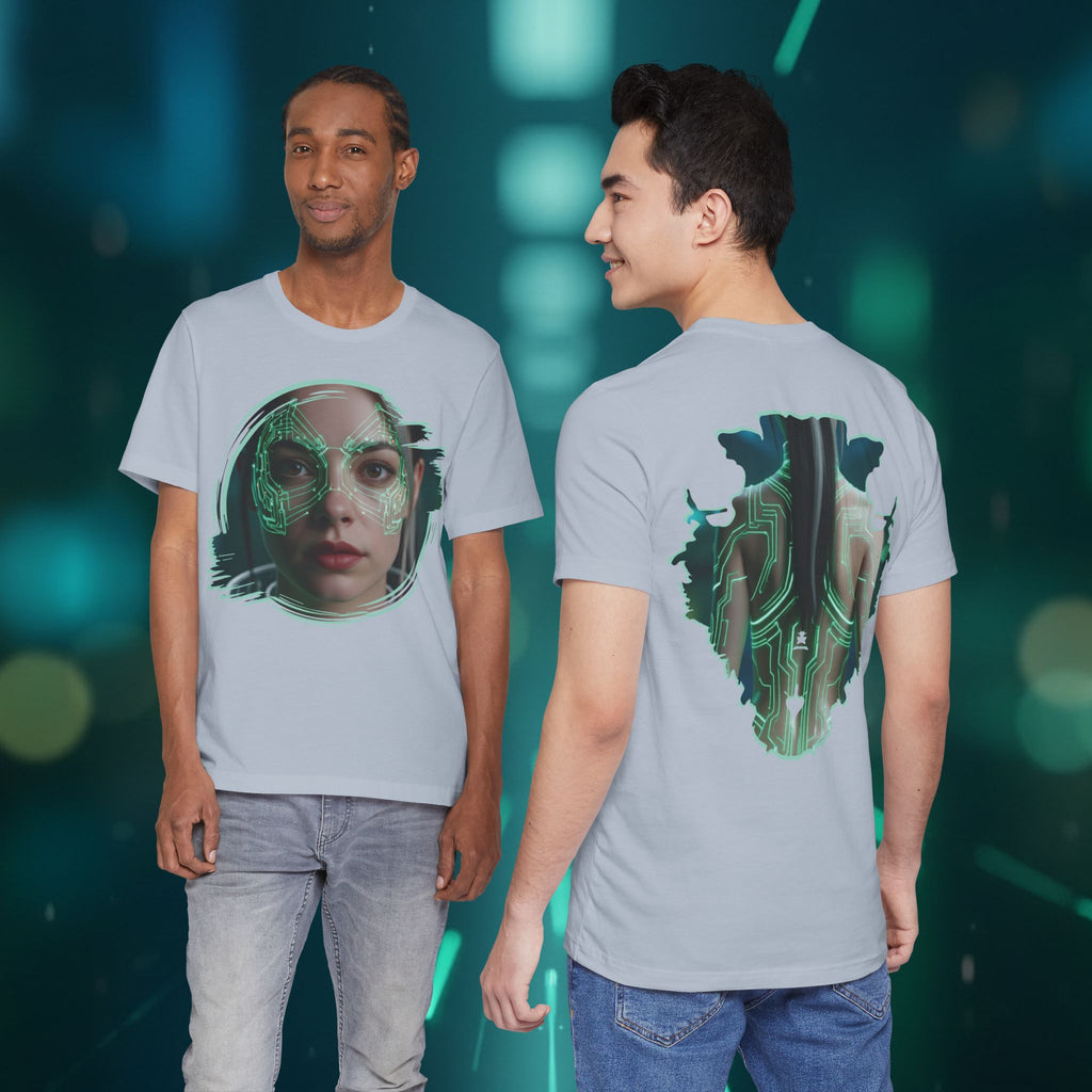 Cybernetic Portrait Tee — Futuristic Neon Circuit Face Graphic Shirt - Green Cyborg Woman