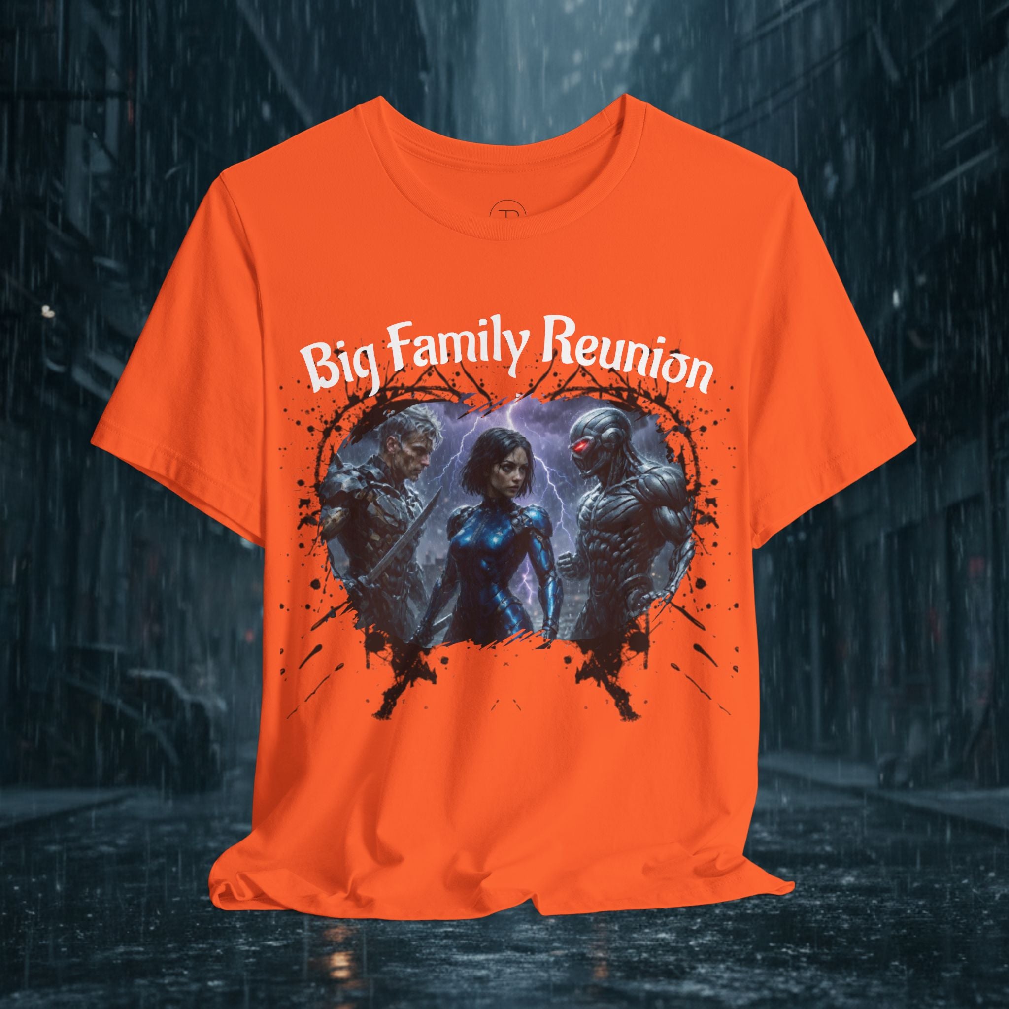 T-Shirt — "Big Family Reunion" Sci‑Fi Character Heart Graphic Tee - Battle Suits