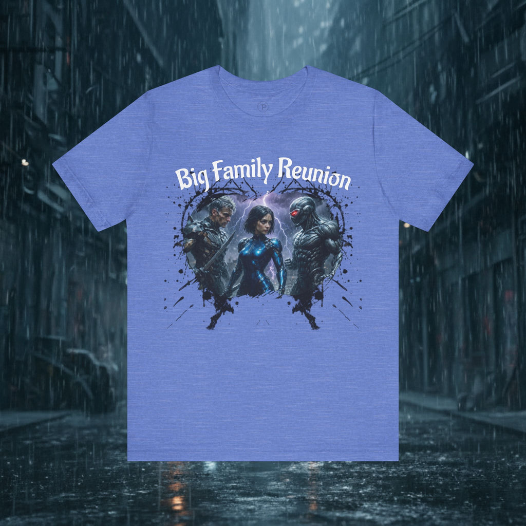 T-Shirt — "Big Family Reunion" Sci‑Fi Character Heart Graphic Tee - Battle Suits
