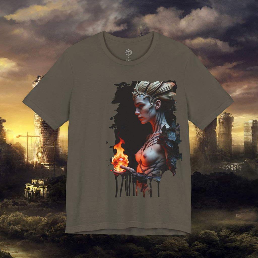 Mythic Fire Goddess T‑Shirt — Fantasy Portrait Tee with Flaming Orb - Alexia Ashford Side Face