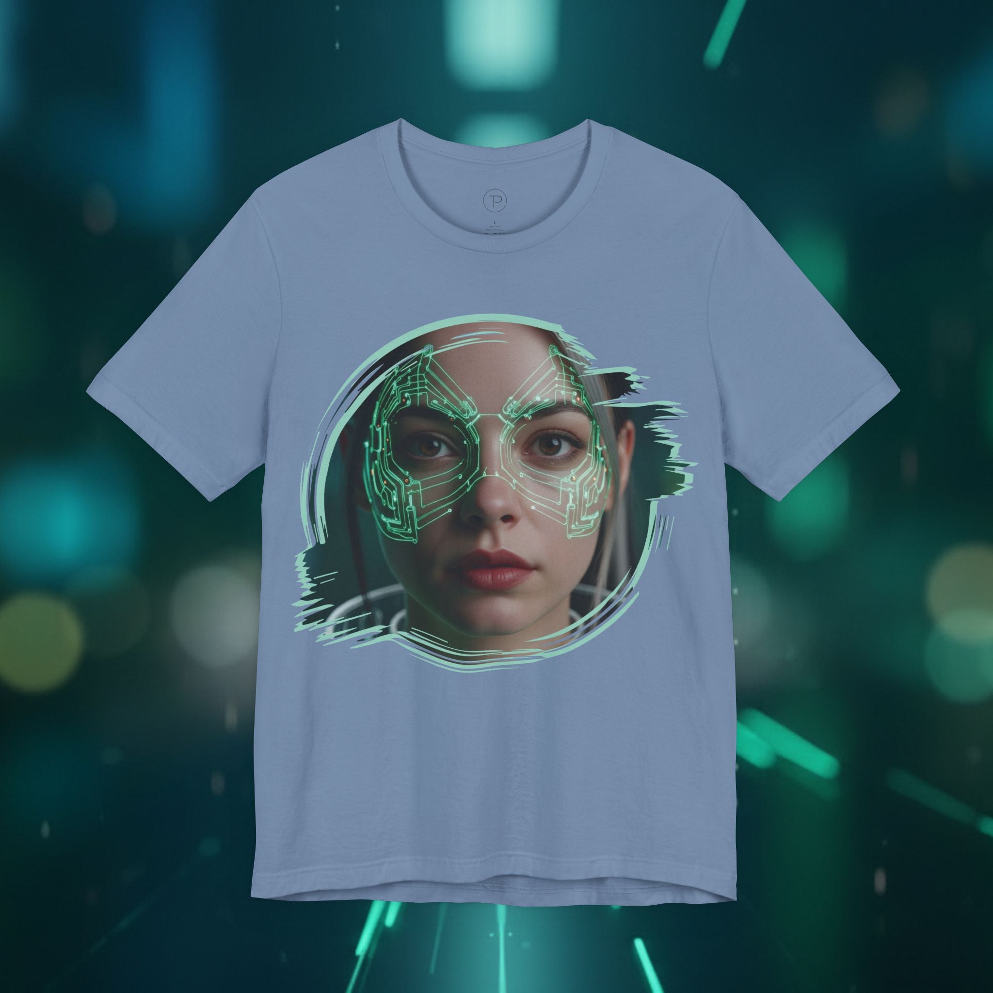 Cybernetic Portrait Tee — Futuristic Neon Circuit Face Graphic Shirt - Green Cyborg Woman