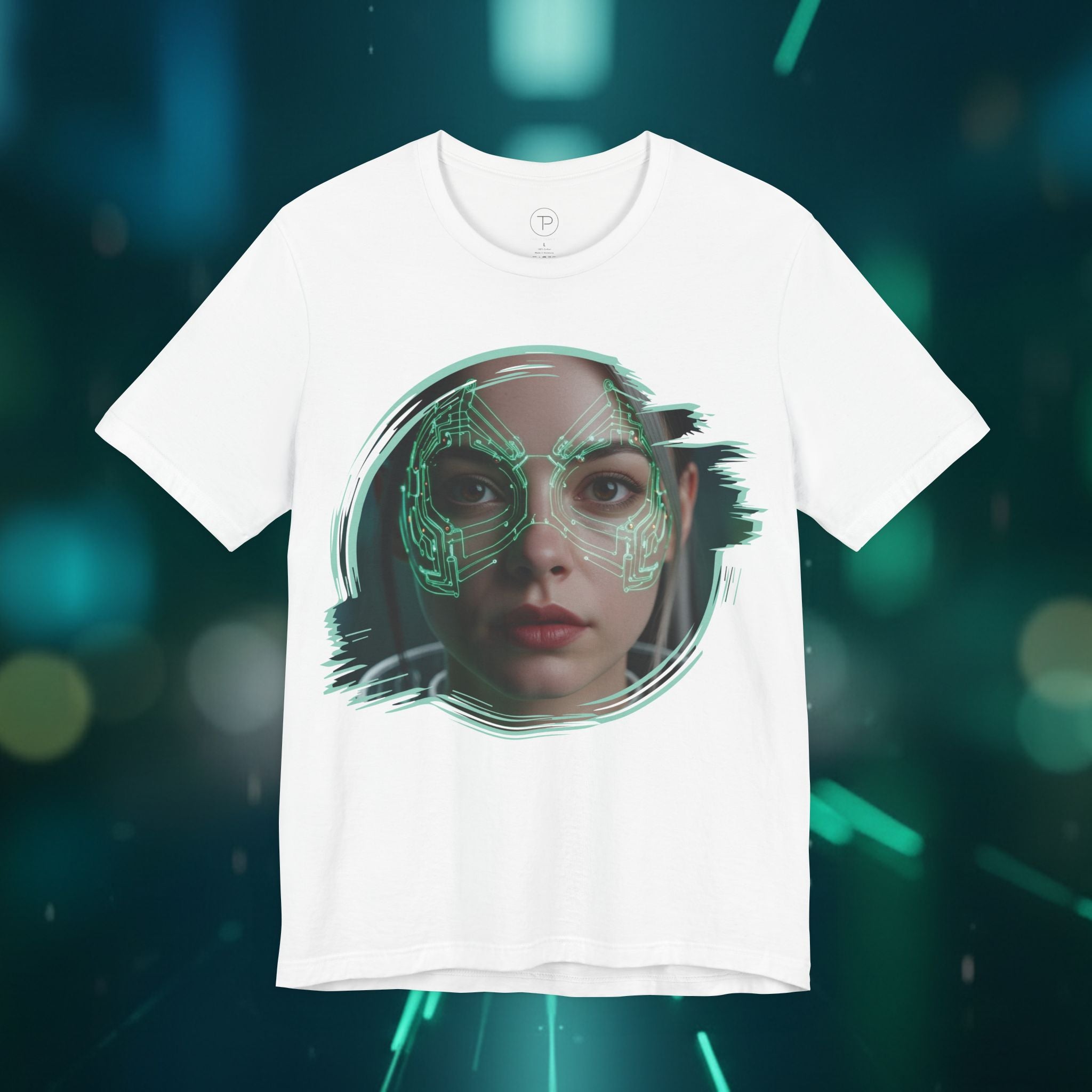 Cybernetic Portrait Tee — Futuristic Neon Circuit Face Graphic Shirt - Green Cyborg Woman