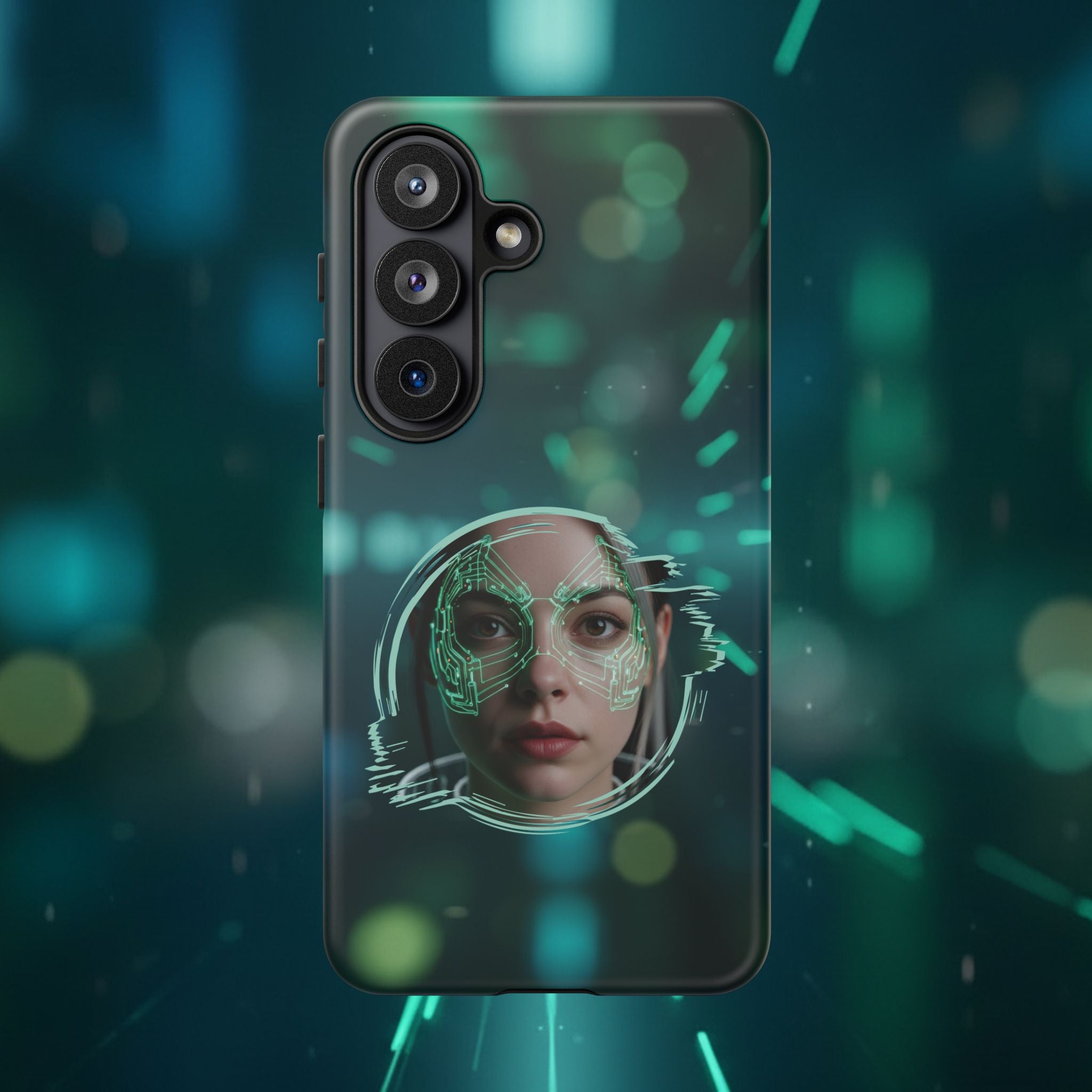 Cyberpunk Portrait Phone Case — Futuristic Neon Tech Face Design Tough Case - Green Cyborg Woman