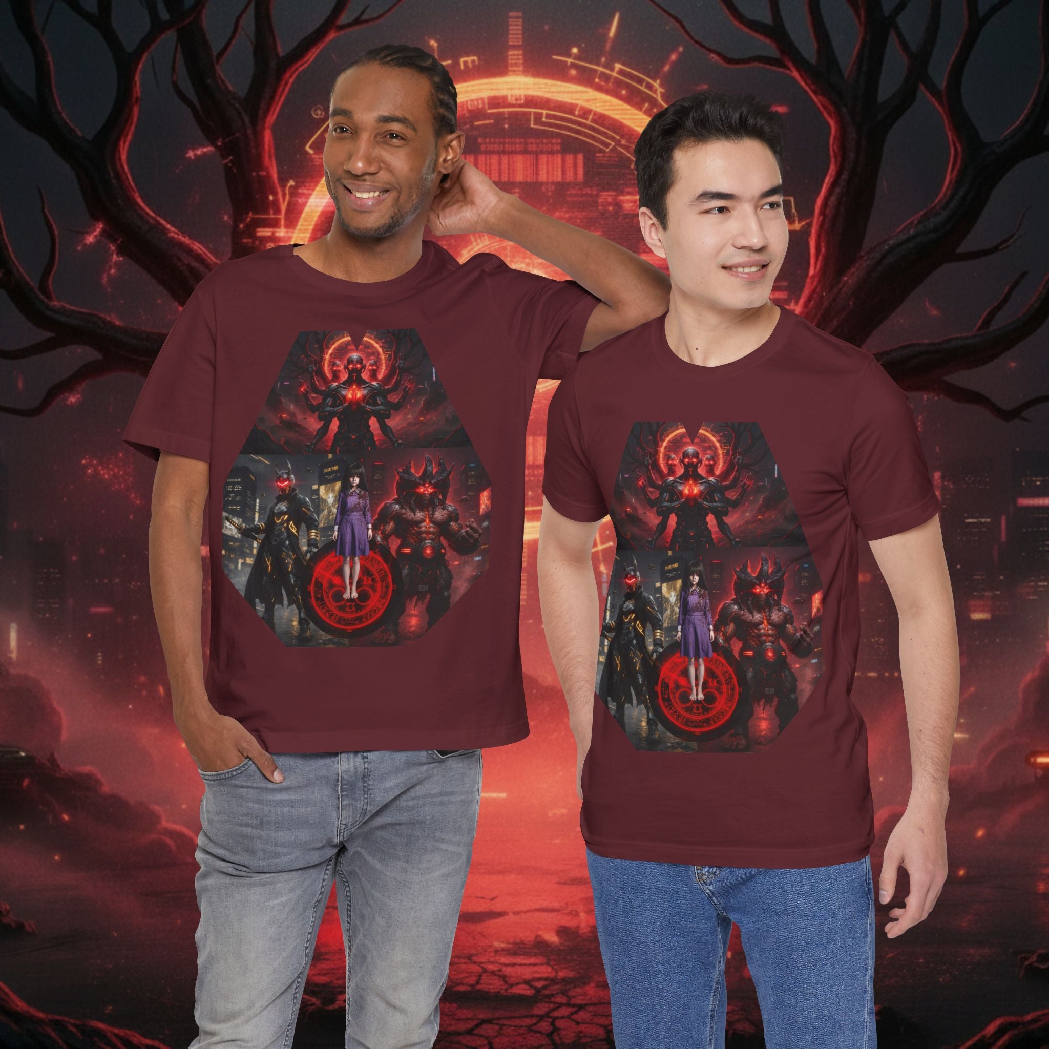 Superhero Squad Graphic Tee — Dark Red Mystic Design