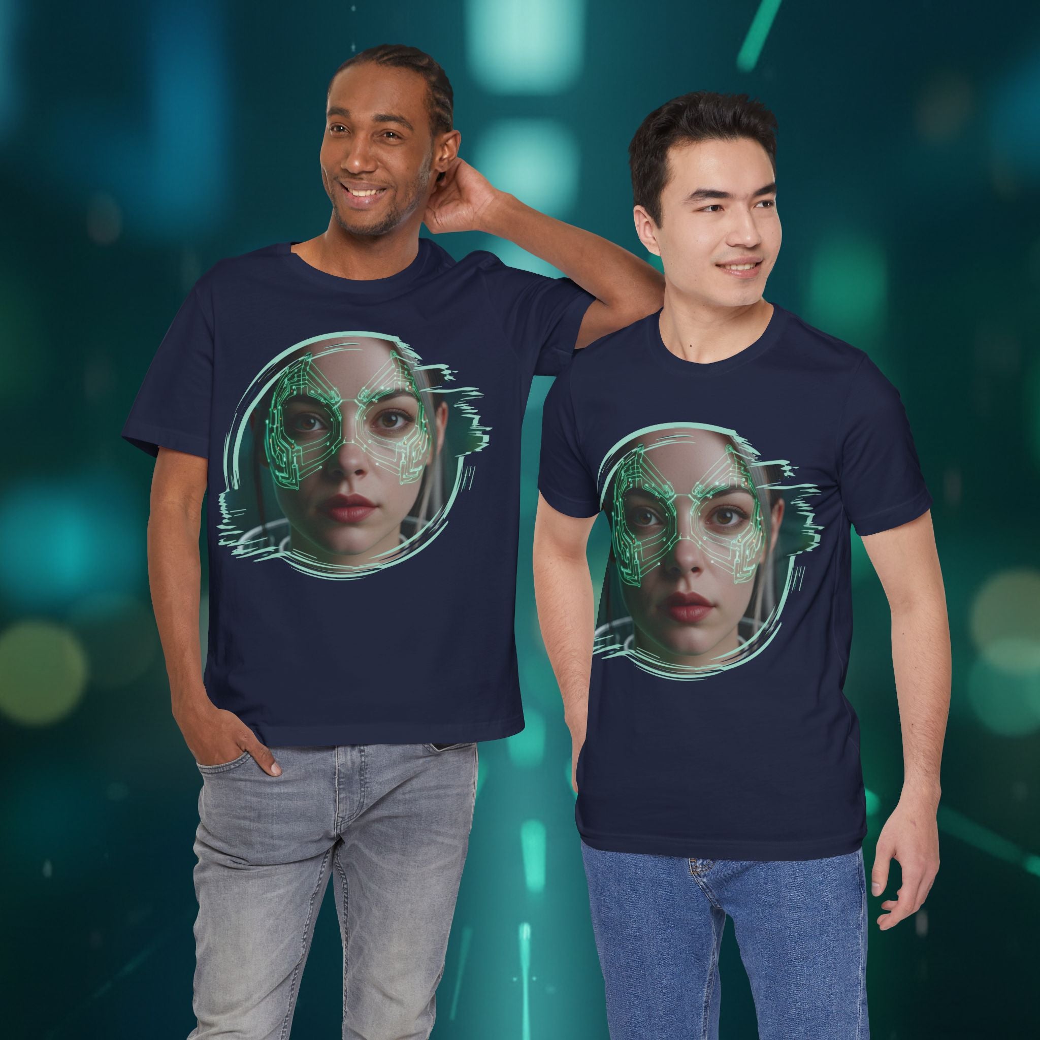Cybernetic Portrait Tee — Futuristic Neon Circuit Face Graphic Shirt - Green Cyborg Woman