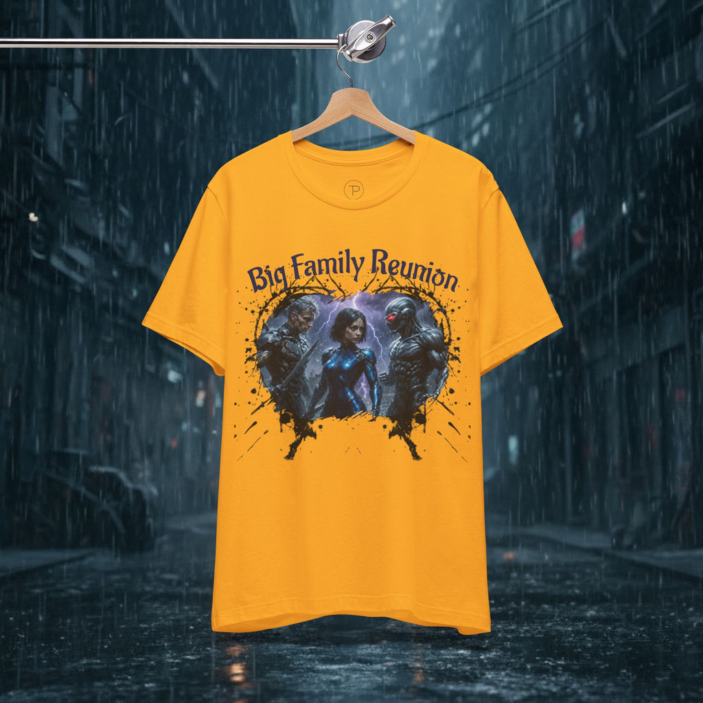 T-Shirt — "Big Family Reunion" Sci‑Fi Character Heart Graphic Tee - Battle Suits