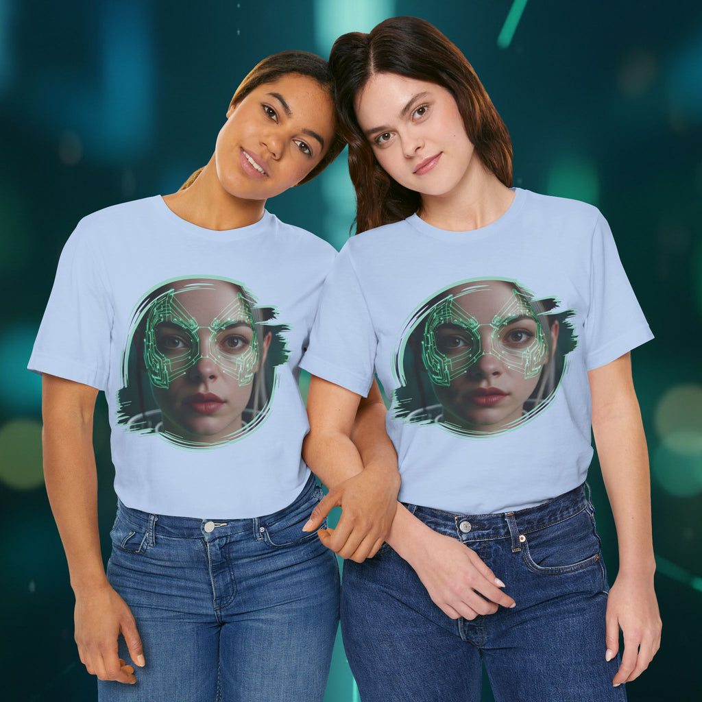 Cybernetic Portrait Tee — Futuristic Neon Circuit Face Graphic Shirt - Green Cyborg Woman