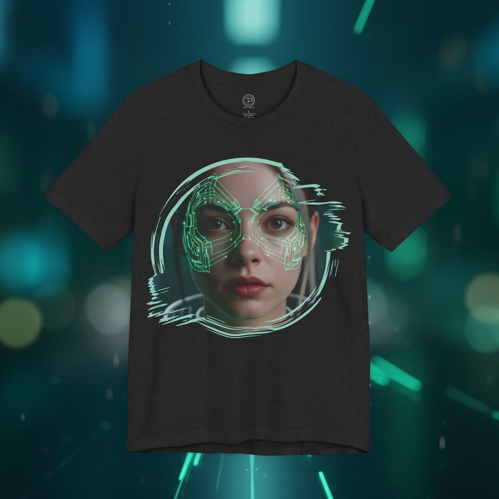 Cybernetic Portrait Tee — Futuristic Neon Circuit Face Graphic Shirt - Green Cyborg Woman