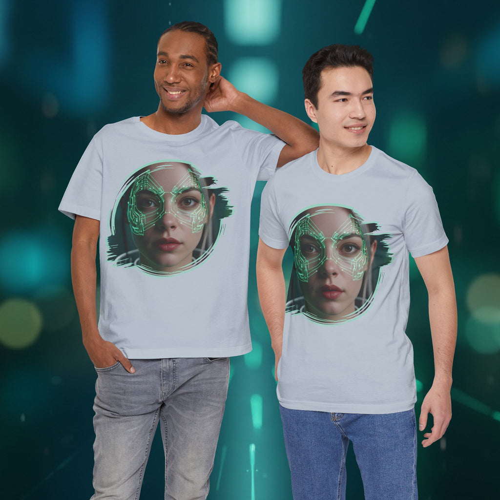 Cybernetic Portrait Tee — Futuristic Neon Circuit Face Graphic Shirt - Green Cyborg Woman