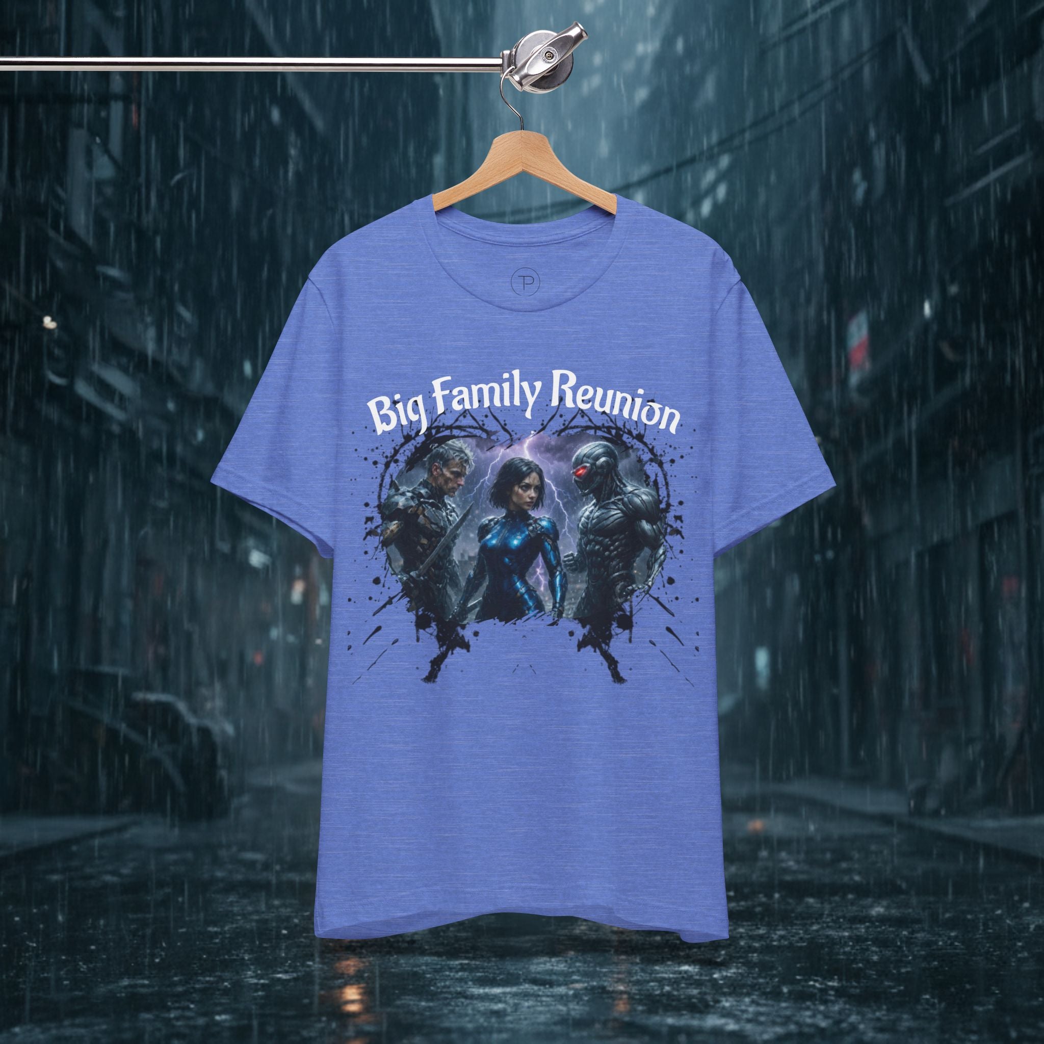 T-Shirt — "Big Family Reunion" Sci‑Fi Character Heart Graphic Tee - Battle Suits