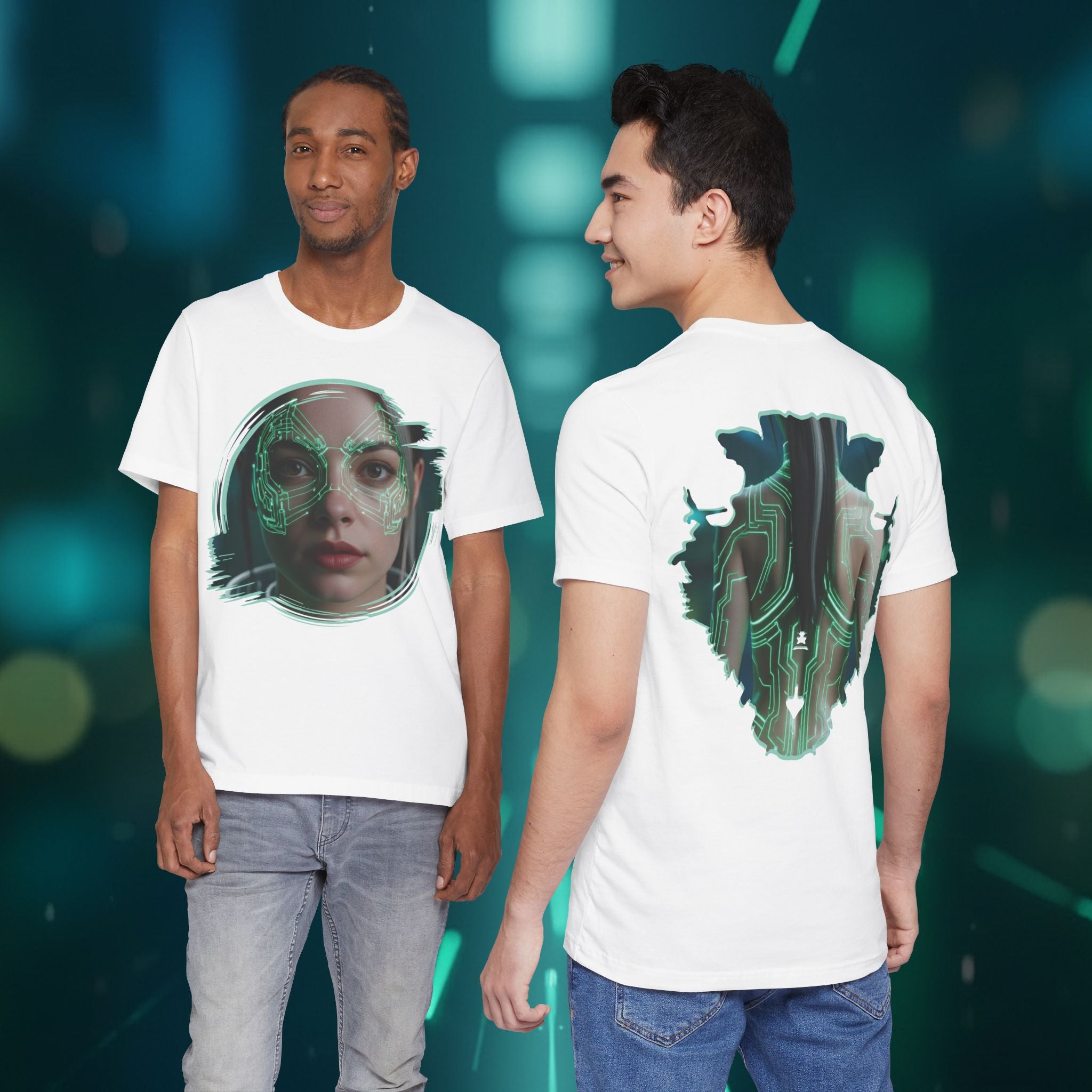 Cybernetic Portrait Tee — Futuristic Neon Circuit Face Graphic Shirt - Green Cyborg Woman