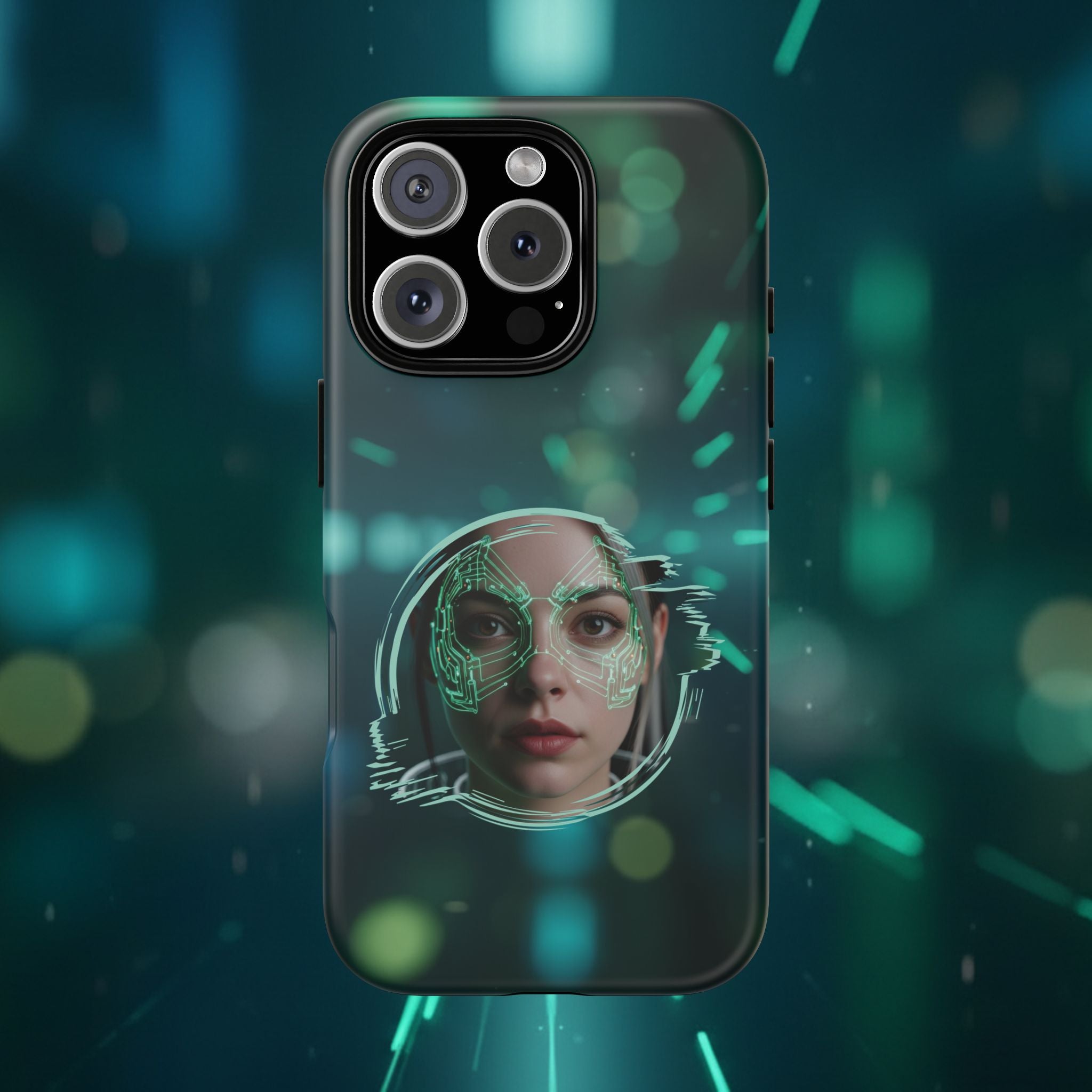Cyberpunk Portrait Phone Case — Futuristic Neon Tech Face Design Tough Case - Green Cyborg Woman
