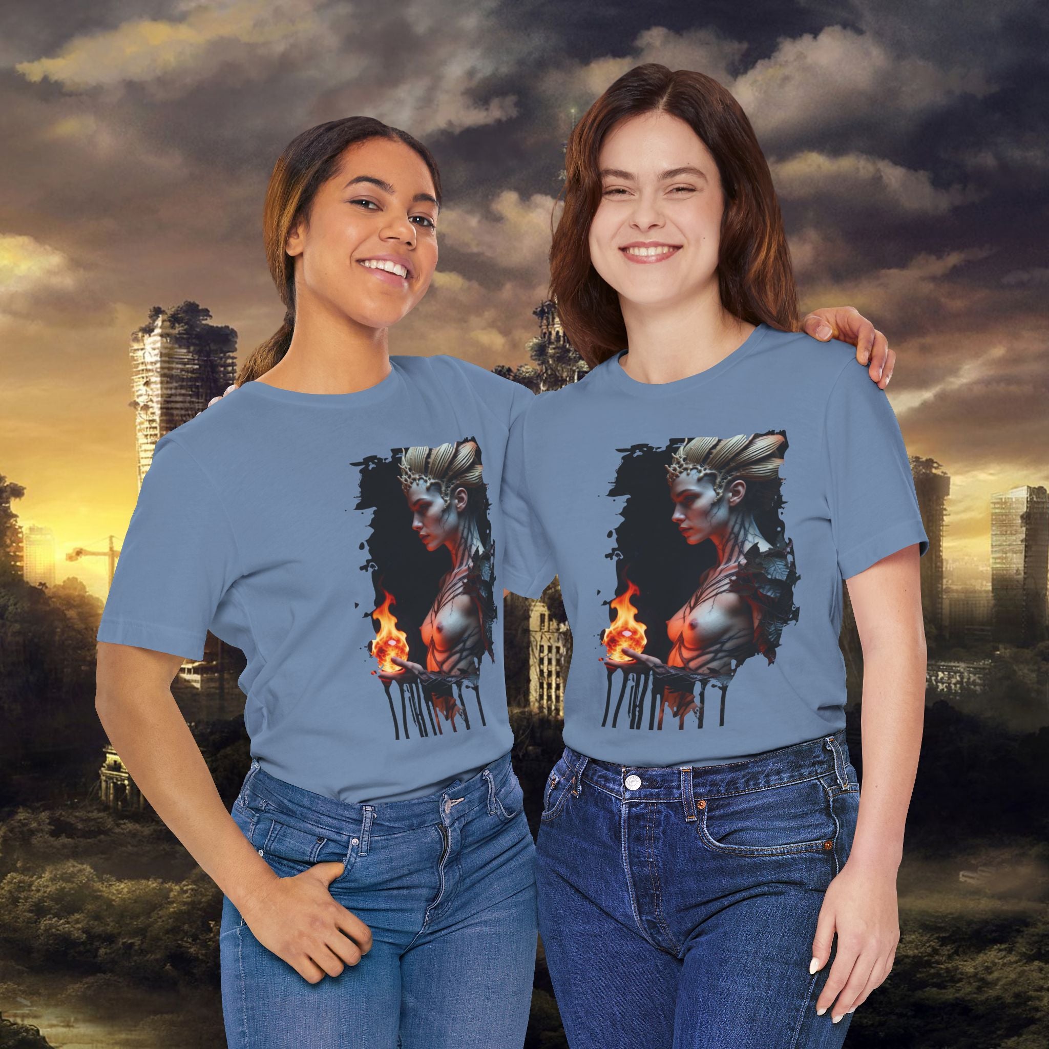 Mythic Fire Goddess T‑Shirt — Fantasy Portrait Tee with Flaming Orb - Alexia Ashford Side Face
