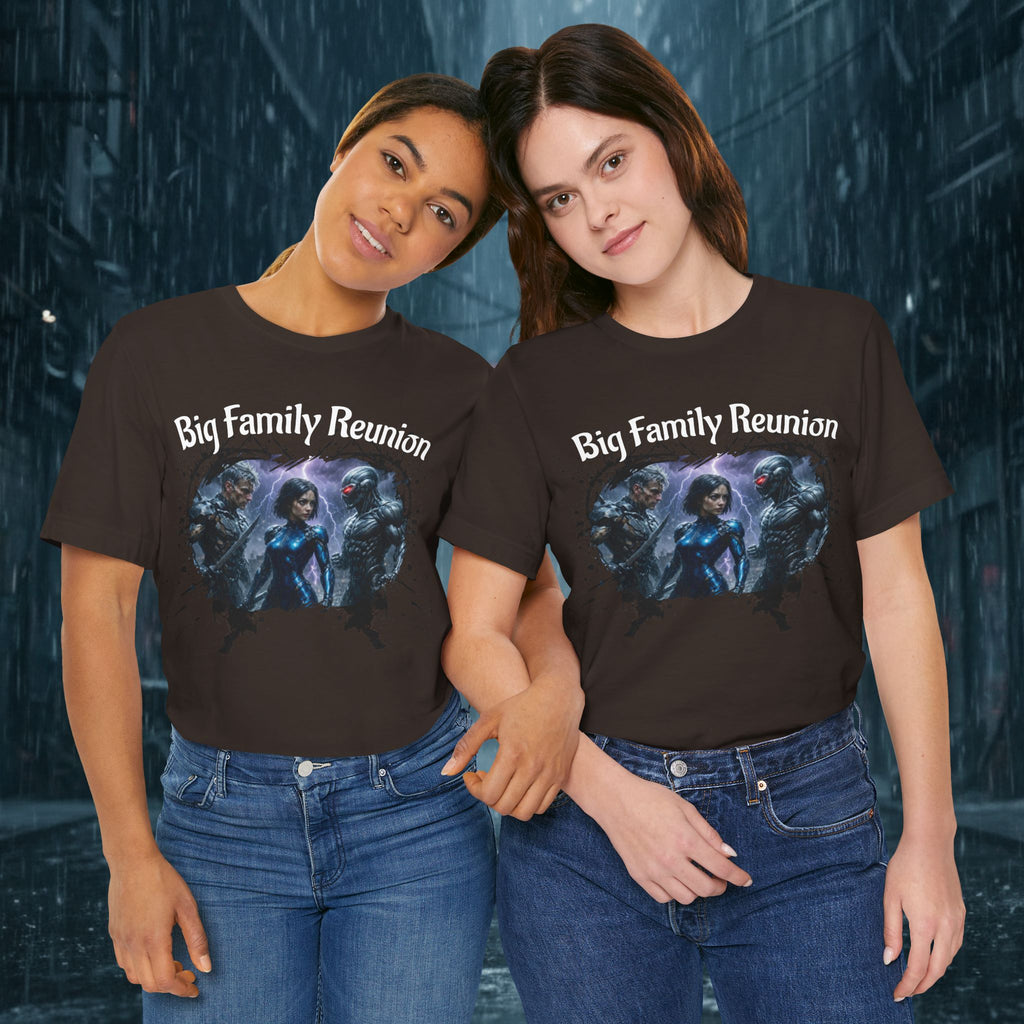 T-Shirt — "Big Family Reunion" Sci‑Fi Character Heart Graphic Tee - Battle Suits
