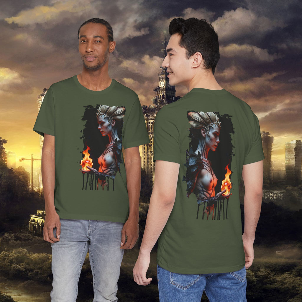 Mythic Fire Goddess T‑Shirt — Fantasy Portrait Tee with Flaming Orb - Alexia Ashford Side Face