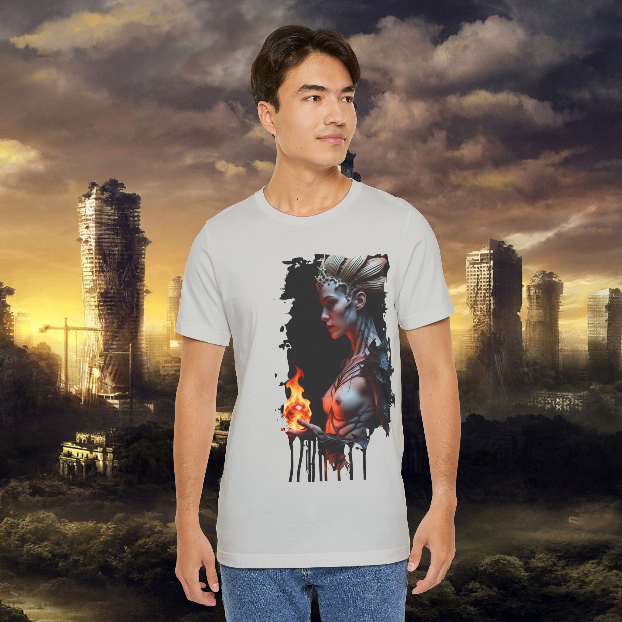 Mythic Fire Goddess T‑Shirt — Fantasy Portrait Tee with Flaming Orb - Alexia Ashford Side Face