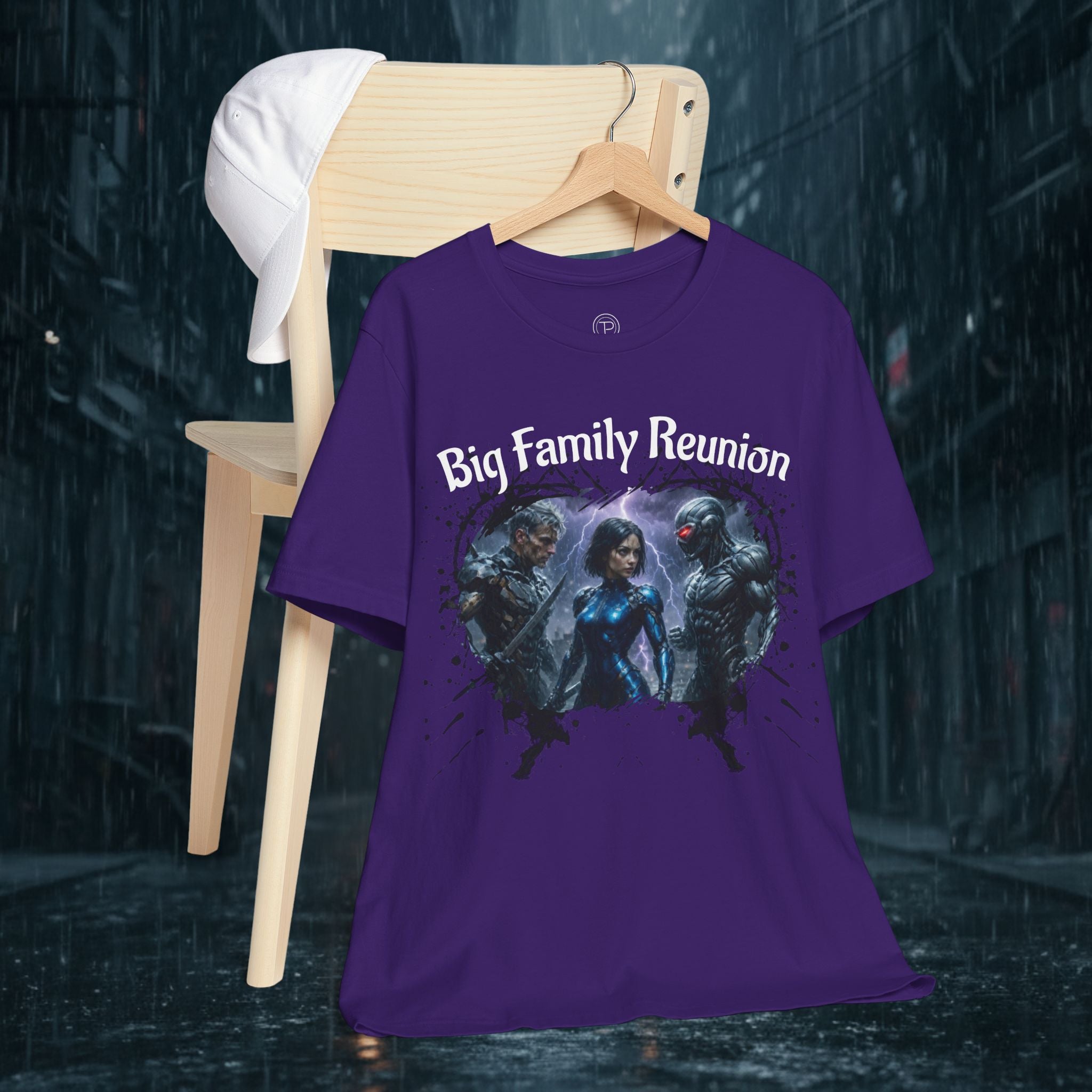 T-Shirt — "Big Family Reunion" Sci‑Fi Character Heart Graphic Tee - Battle Suits