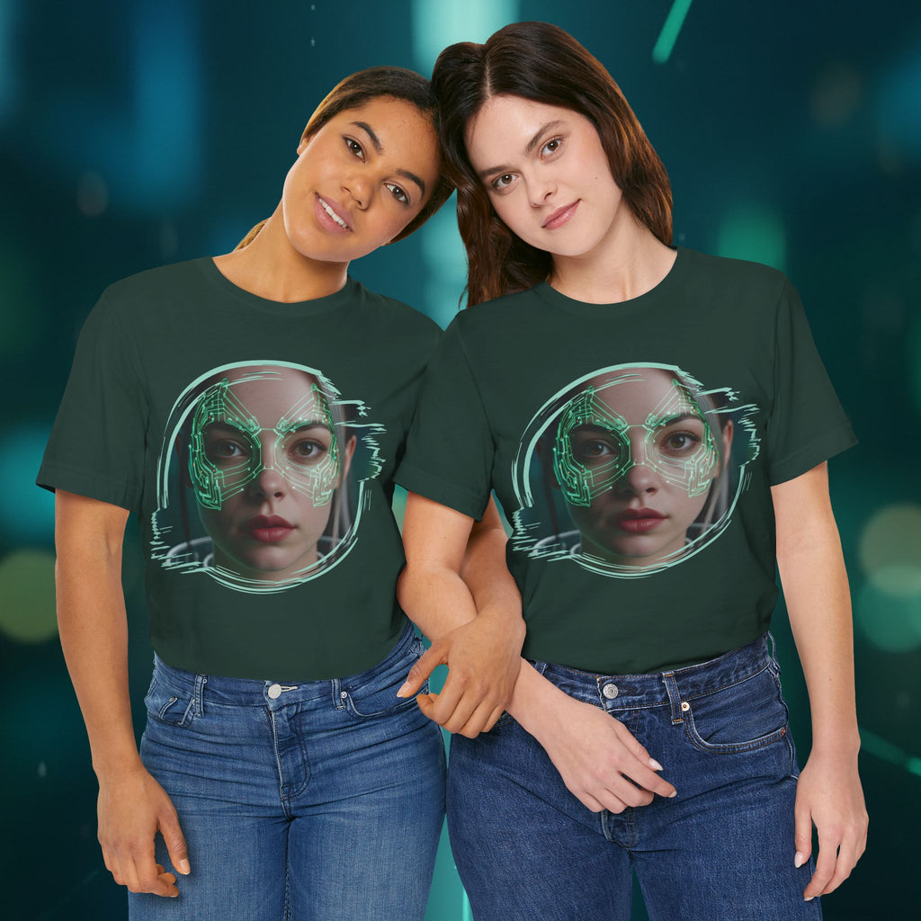 Cybernetic Portrait Tee — Futuristic Neon Circuit Face Graphic Shirt - Green Cyborg Woman