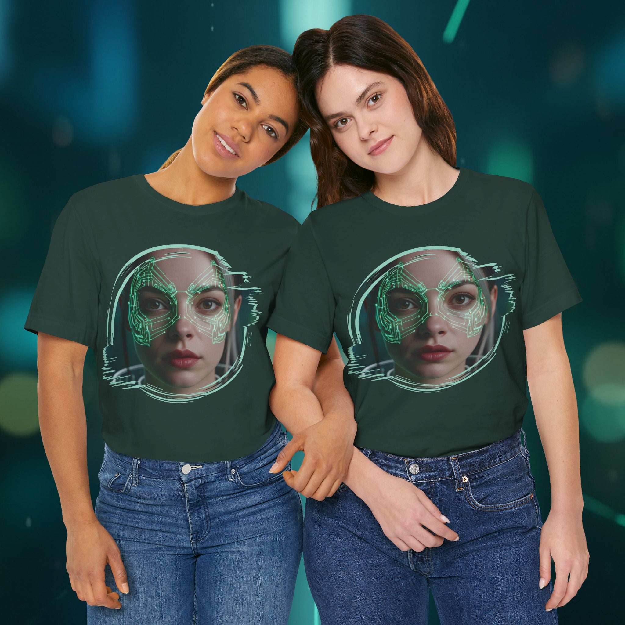 Cybernetic Portrait Tee — Futuristic Neon Circuit Face Graphic Shirt - Green Cyborg Woman