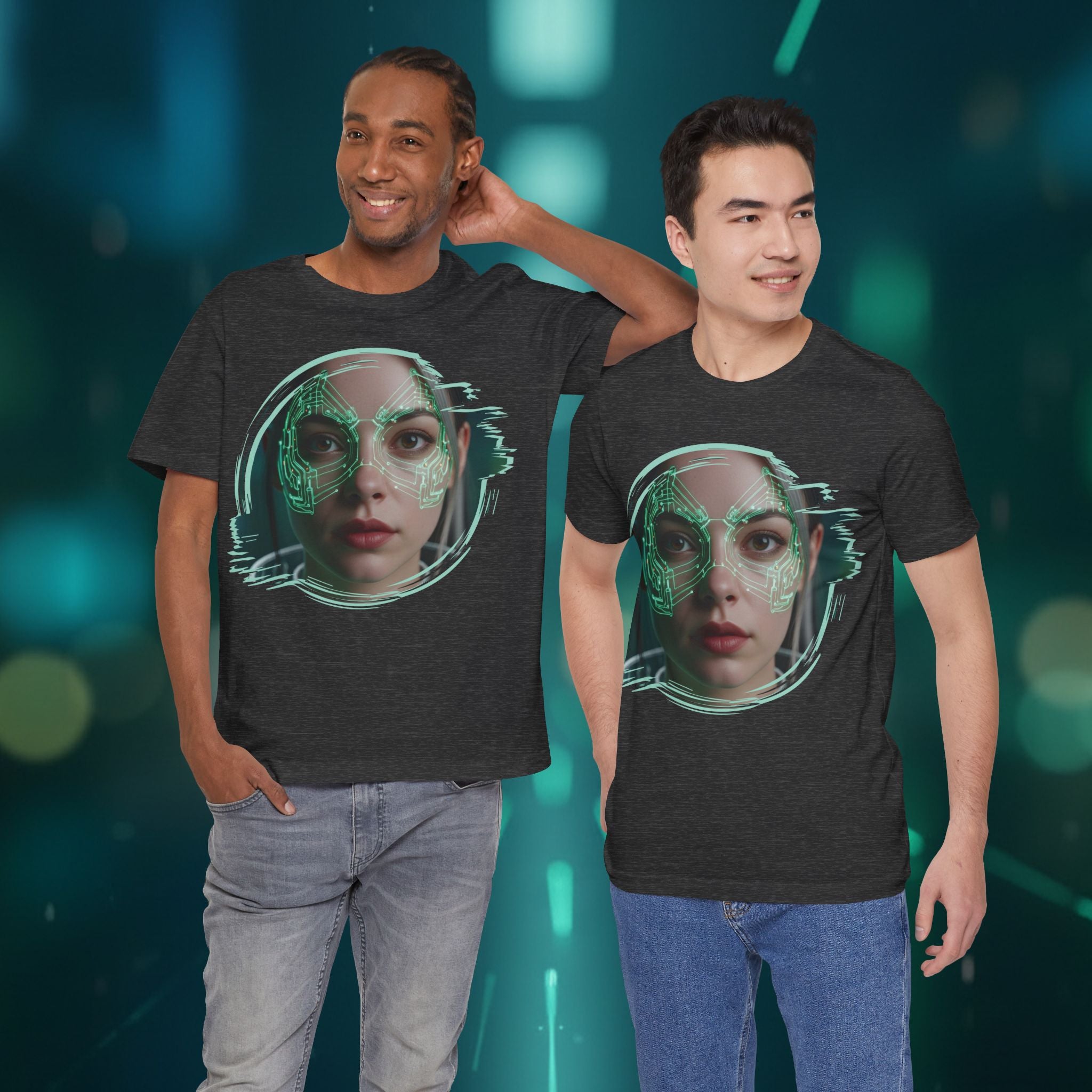 Cybernetic Portrait Tee — Futuristic Neon Circuit Face Graphic Shirt - Green Cyborg Woman