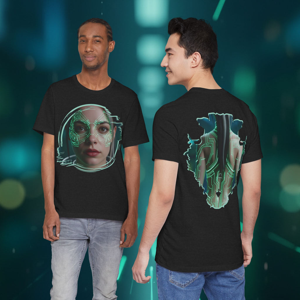 Cybernetic Portrait Tee — Futuristic Neon Circuit Face Graphic Shirt - Green Cyborg Woman