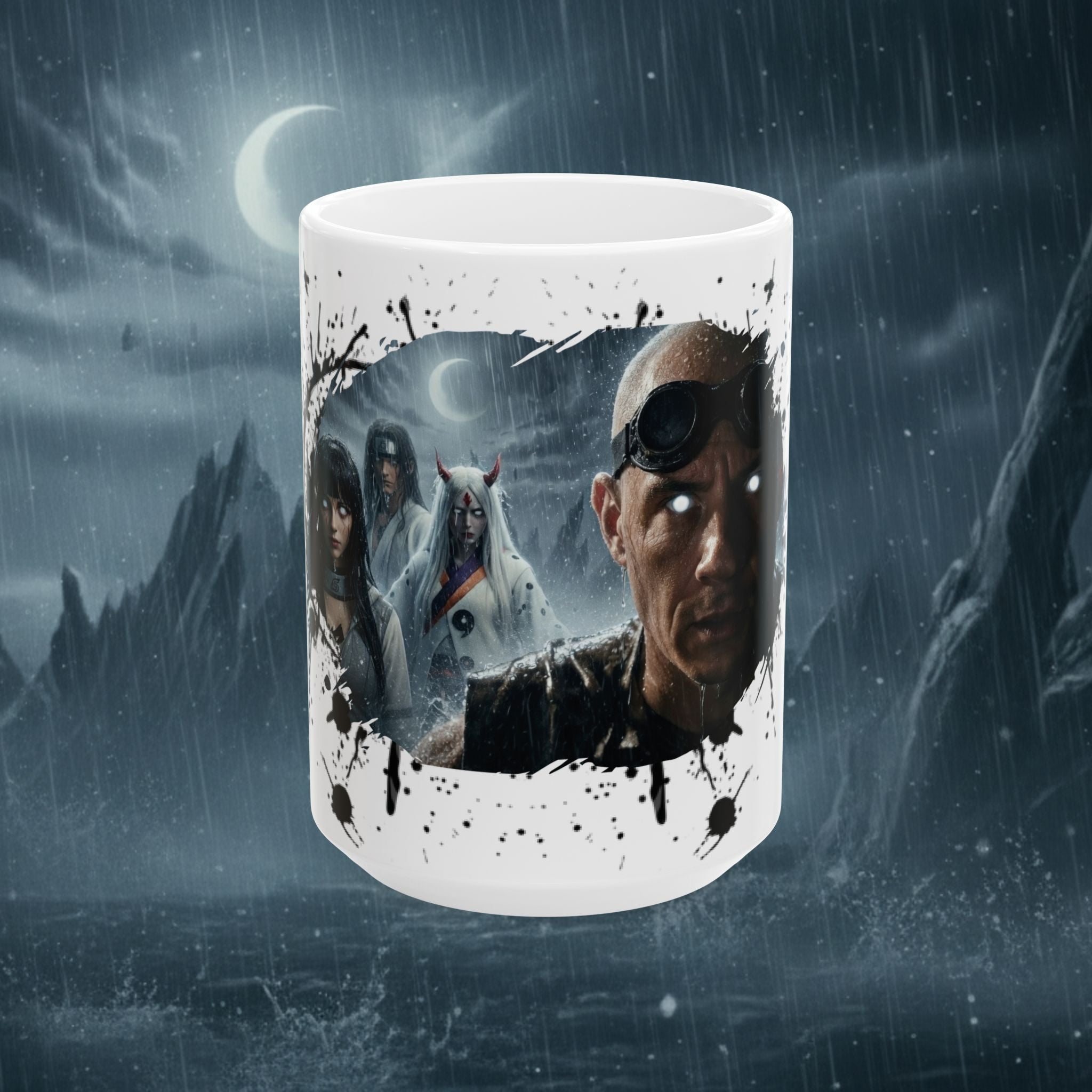Horror Game Character Ceramic Mug — Dark Moon Night Coffee Cup (11oz/15oz) - Byakugan Family and Riddick - white