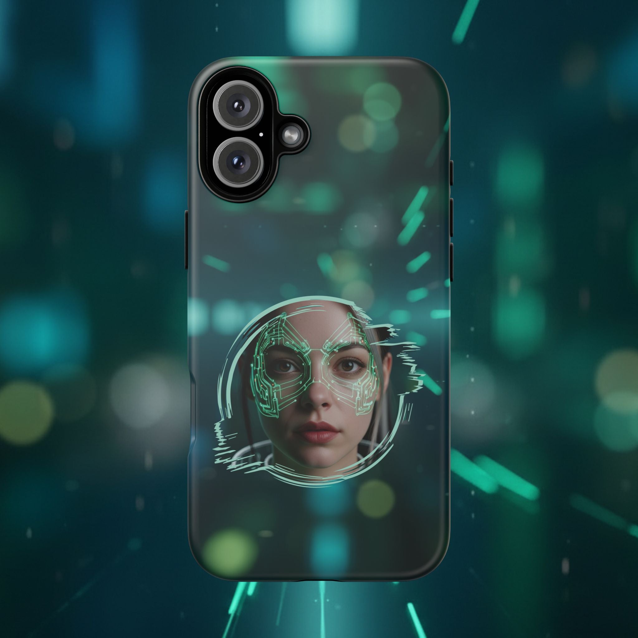 Cyberpunk Portrait Phone Case — Futuristic Neon Tech Face Design Tough Case - Green Cyborg Woman