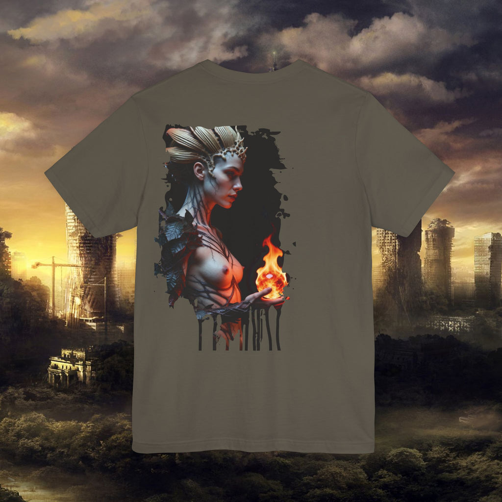Mythic Fire Goddess T‑Shirt — Fantasy Portrait Tee with Flaming Orb - Alexia Ashford Side Face