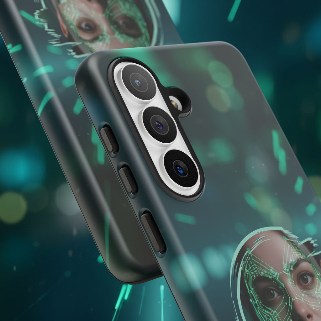 Cyberpunk Portrait Phone Case — Futuristic Neon Tech Face Design Tough Case - Green Cyborg Woman