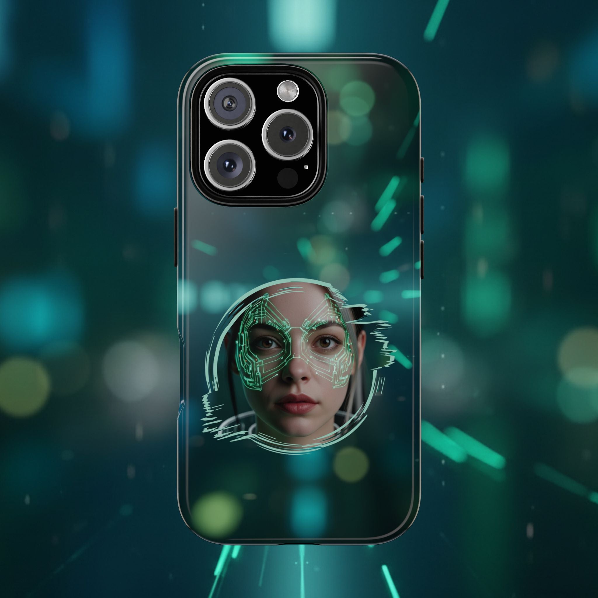 Cyberpunk Portrait Phone Case — Futuristic Neon Tech Face Design Tough Case - Green Cyborg Woman