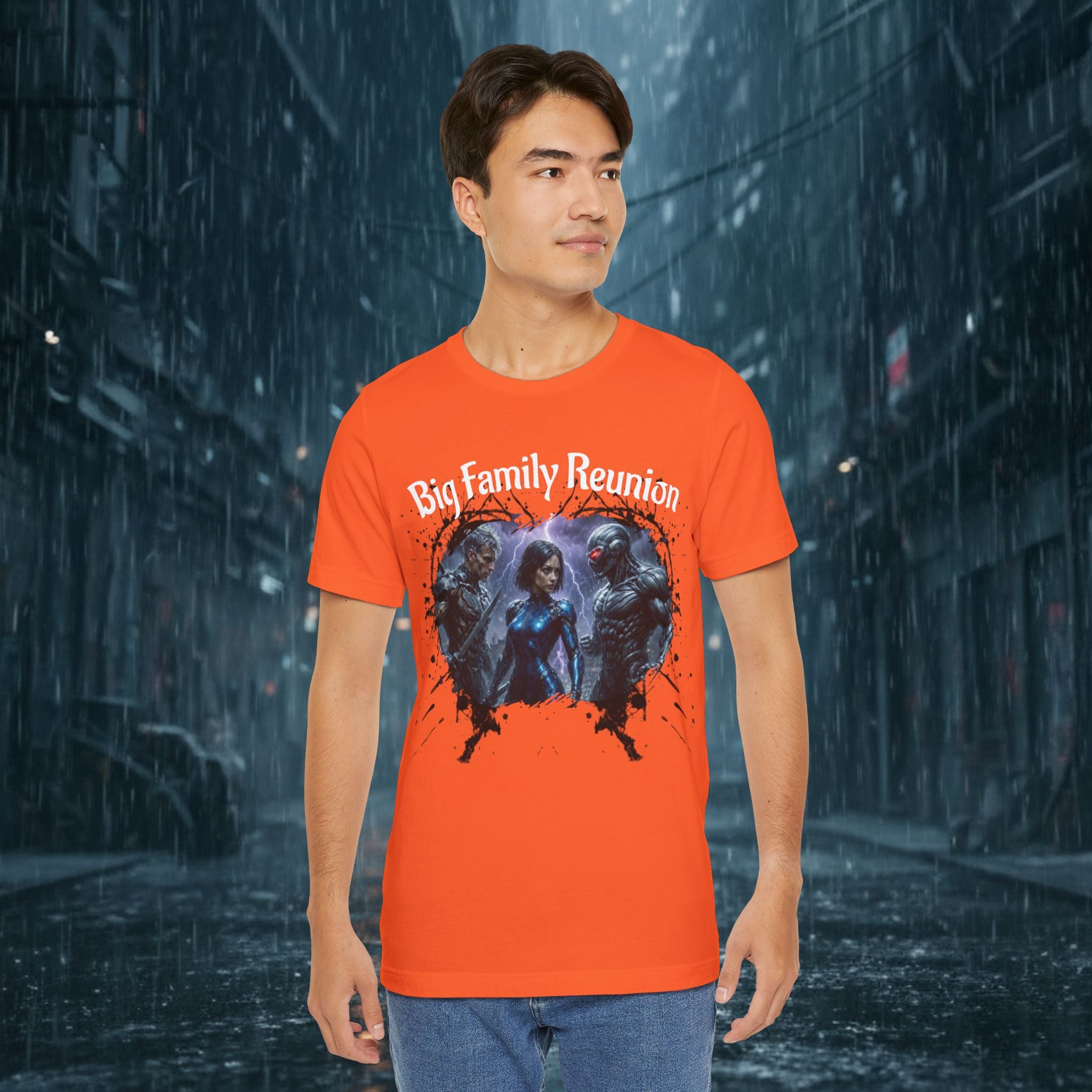 T-Shirt — "Big Family Reunion" Sci‑Fi Character Heart Graphic Tee - Battle Suits