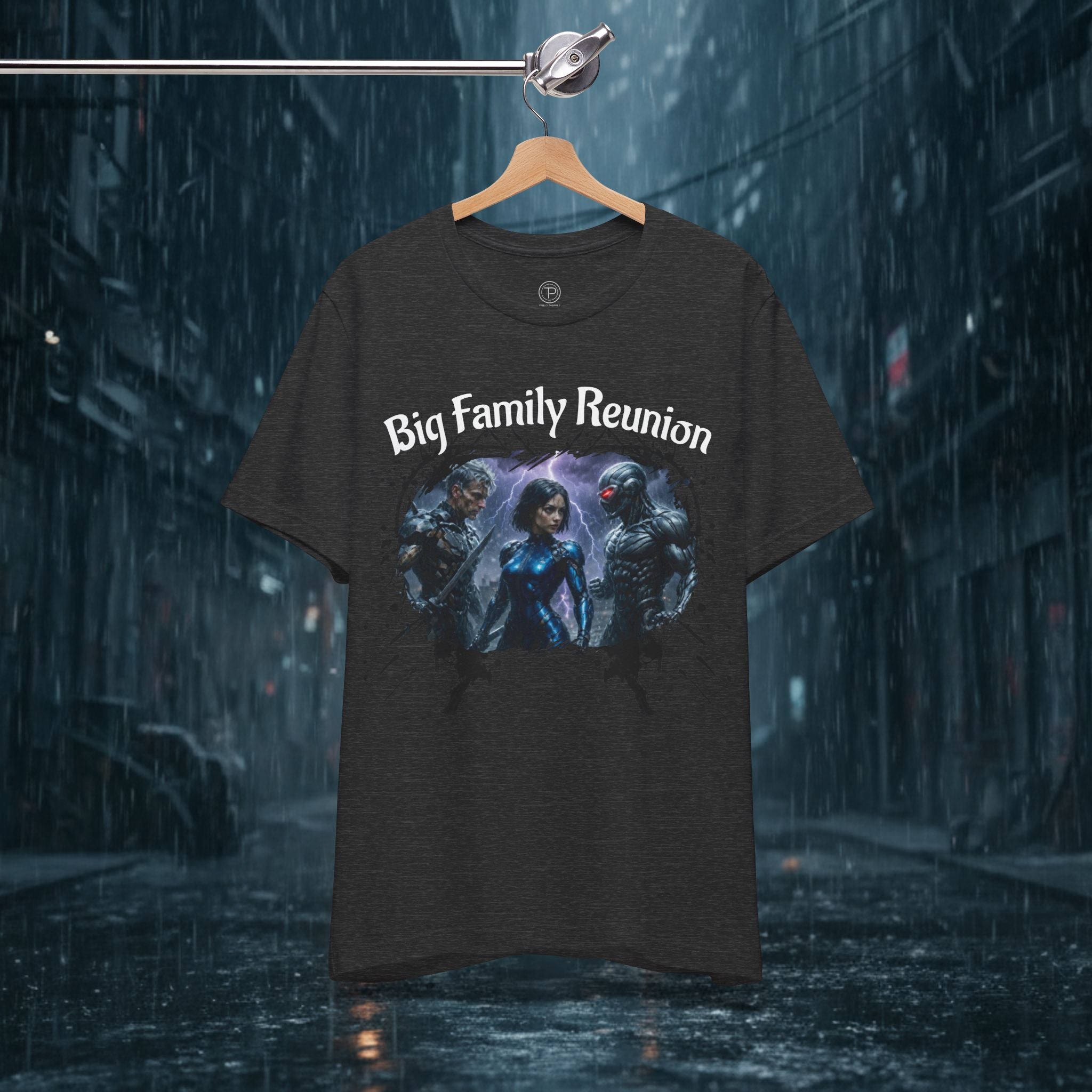 T-Shirt — "Big Family Reunion" Sci‑Fi Character Heart Graphic Tee - Battle Suits