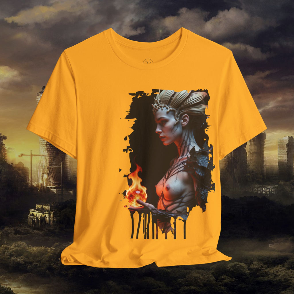 Mythic Fire Goddess T‑Shirt — Fantasy Portrait Tee with Flaming Orb - Alexia Ashford Side Face
