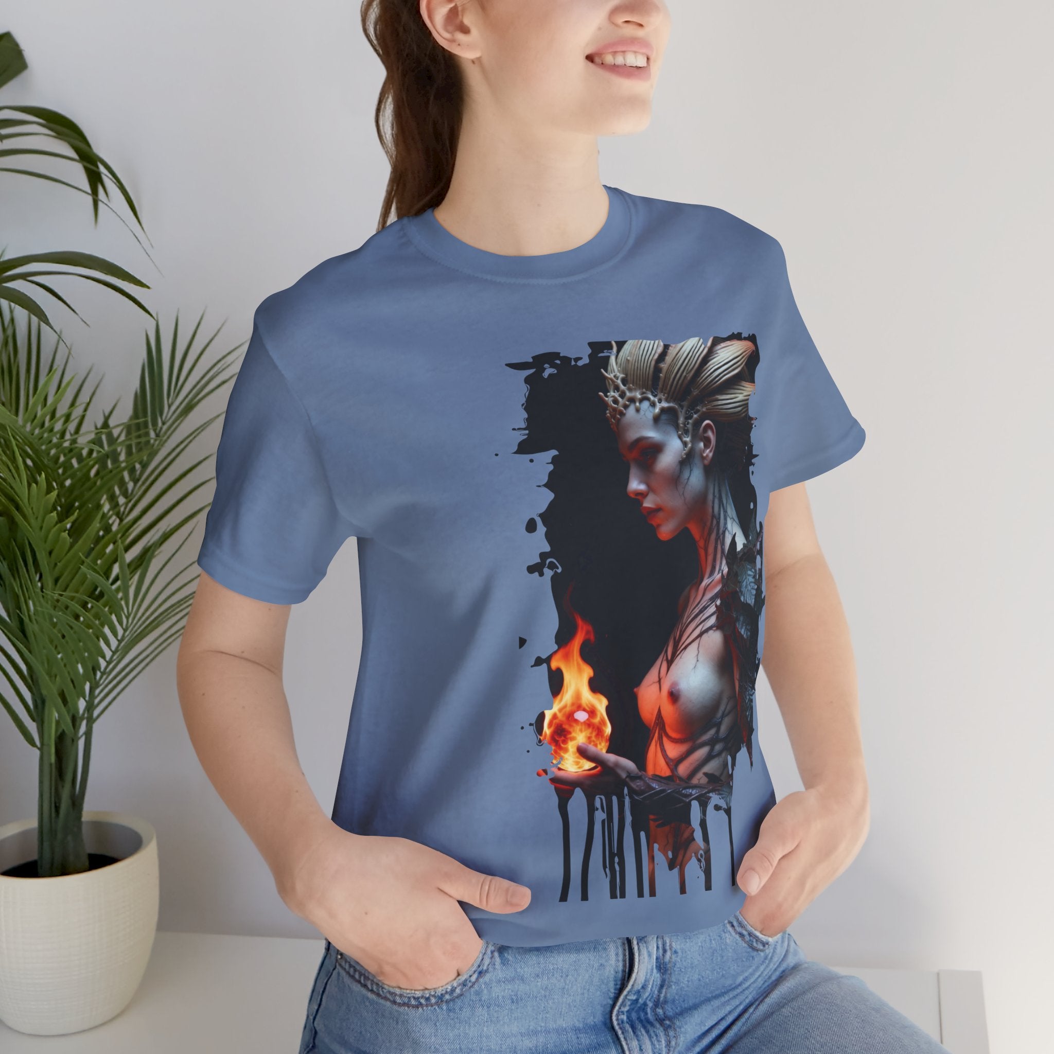 Mythic Fire Goddess T‑Shirt — Fantasy Portrait Tee with Flaming Orb - Alexia Ashford Side Face