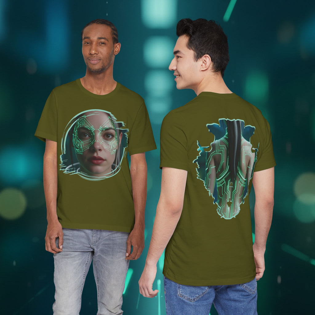 Cybernetic Portrait Tee — Futuristic Neon Circuit Face Graphic Shirt - Green Cyborg Woman