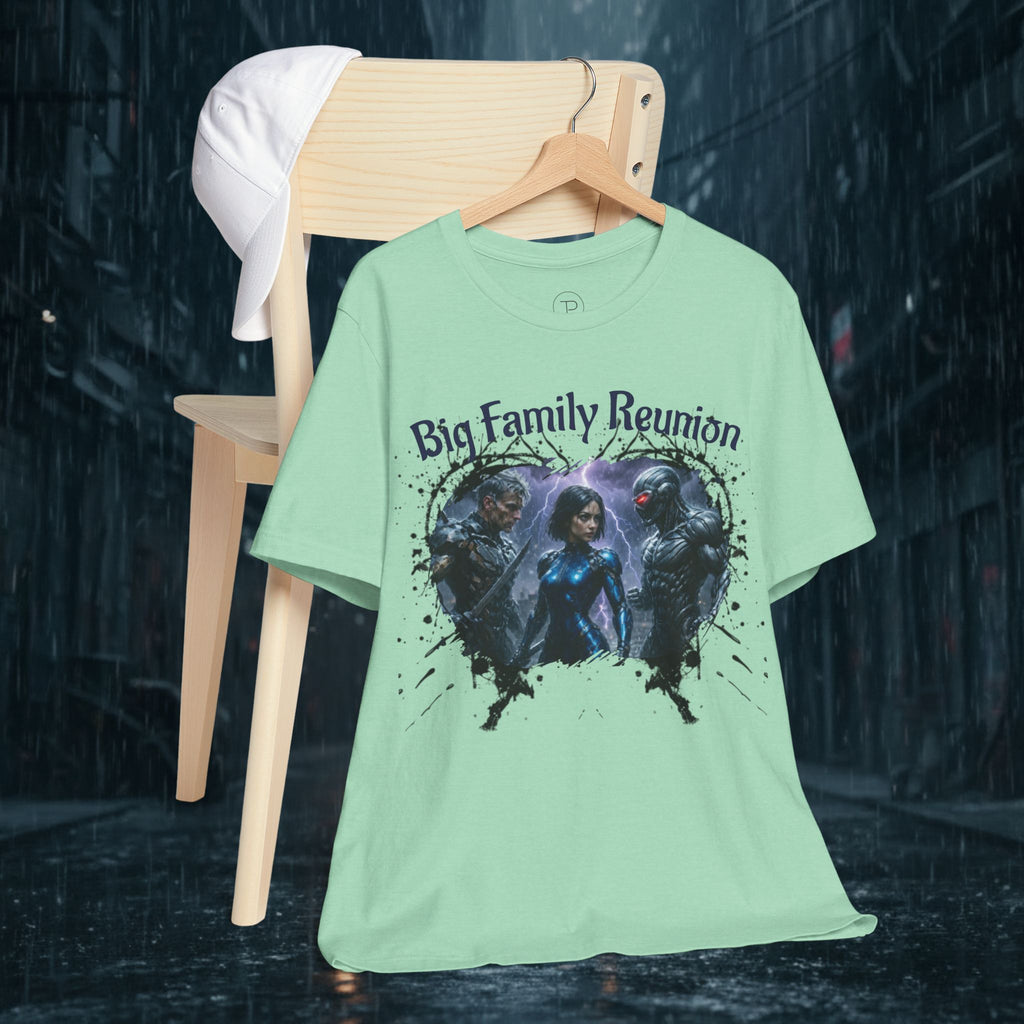 T-Shirt — "Big Family Reunion" Sci‑Fi Character Heart Graphic Tee - Battle Suits