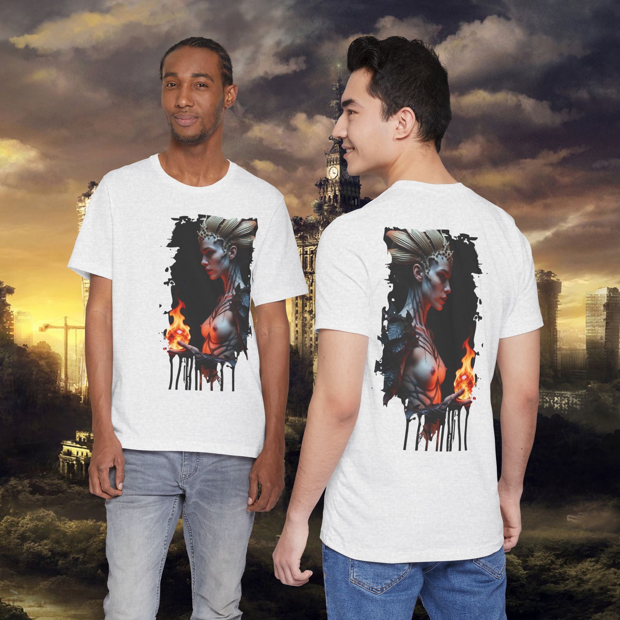 Mythic Fire Goddess T‑Shirt — Fantasy Portrait Tee with Flaming Orb - Alexia Ashford Side Face