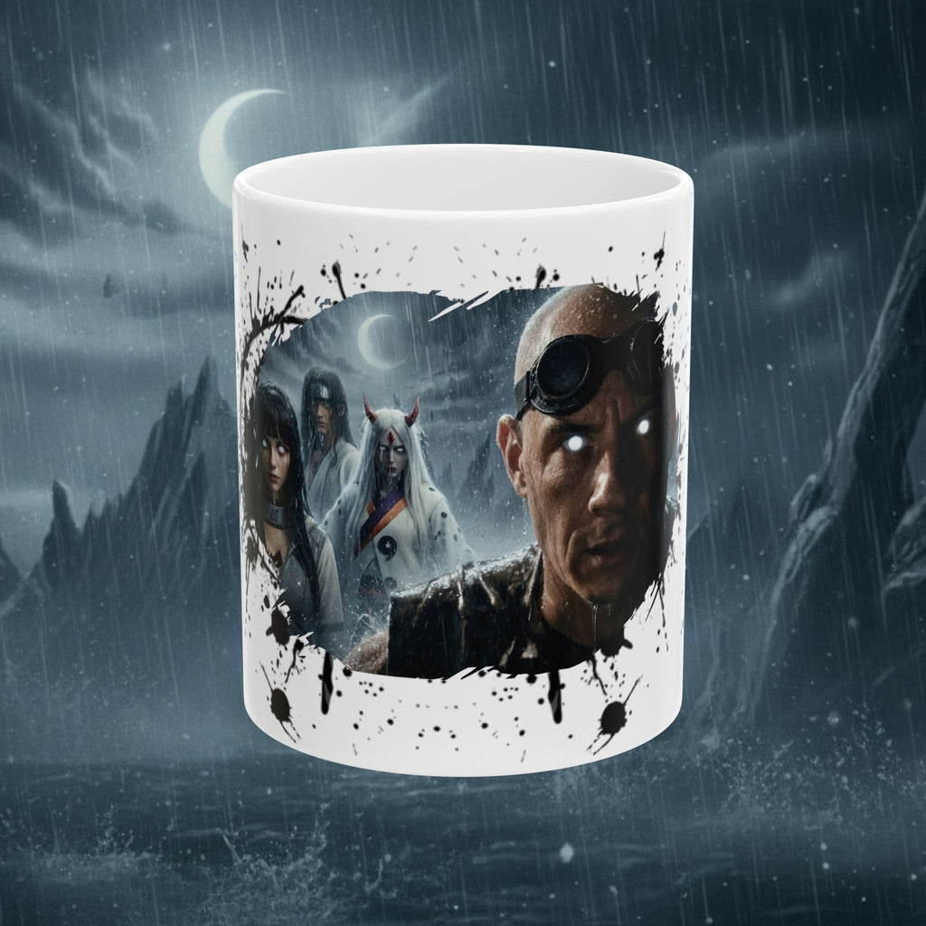 Horror Game Character Ceramic Mug — Dark Moon Night Coffee Cup (11oz/15oz) - Byakugan Family and Riddick - white