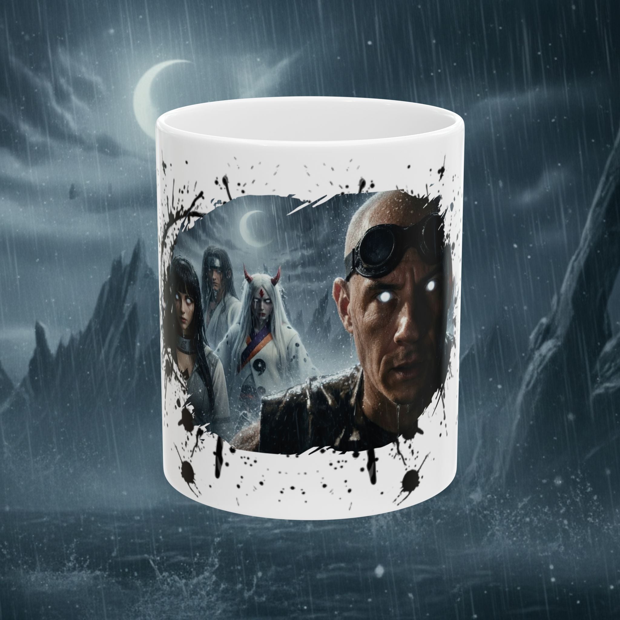 Horror Game Character Ceramic Mug — Dark Moon Night Coffee Cup (11oz/15oz) - Byakugan Family and Riddick - white
