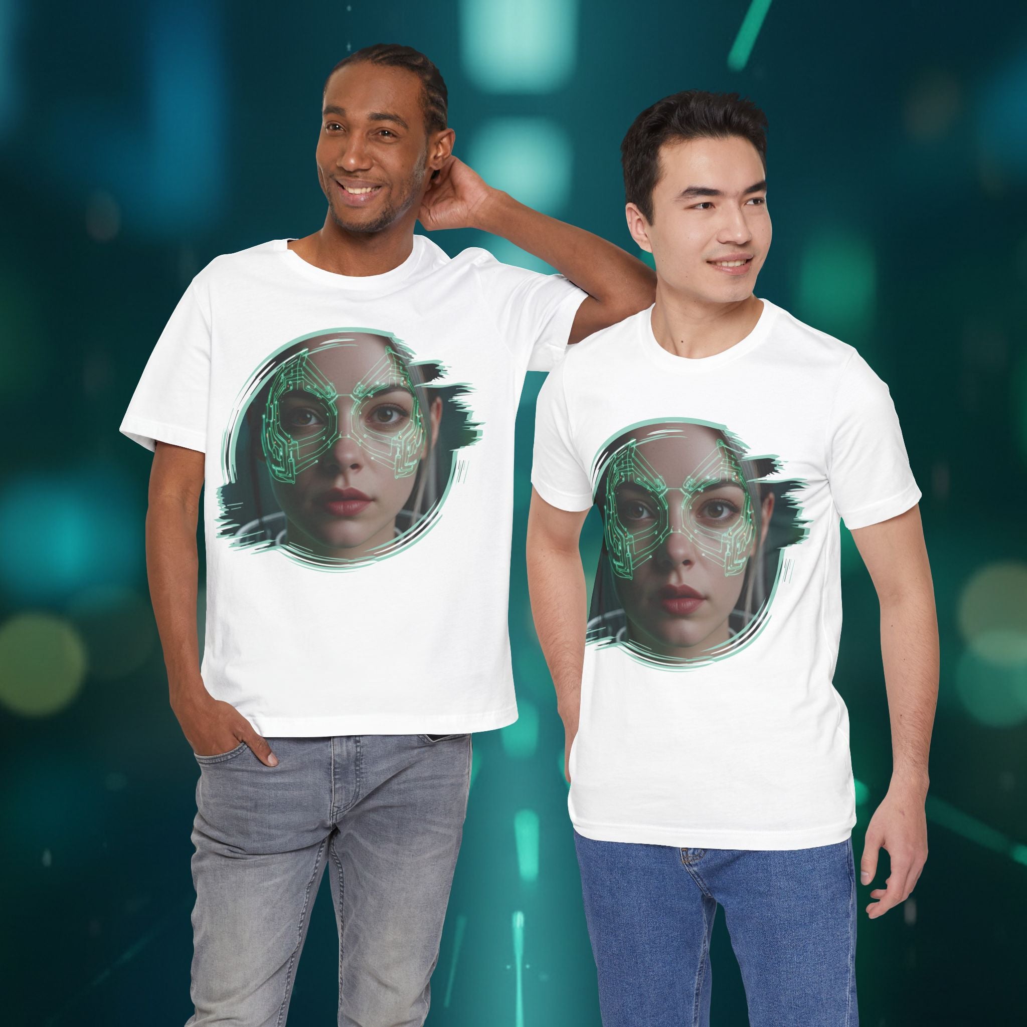 Cybernetic Portrait Tee — Futuristic Neon Circuit Face Graphic Shirt - Green Cyborg Woman