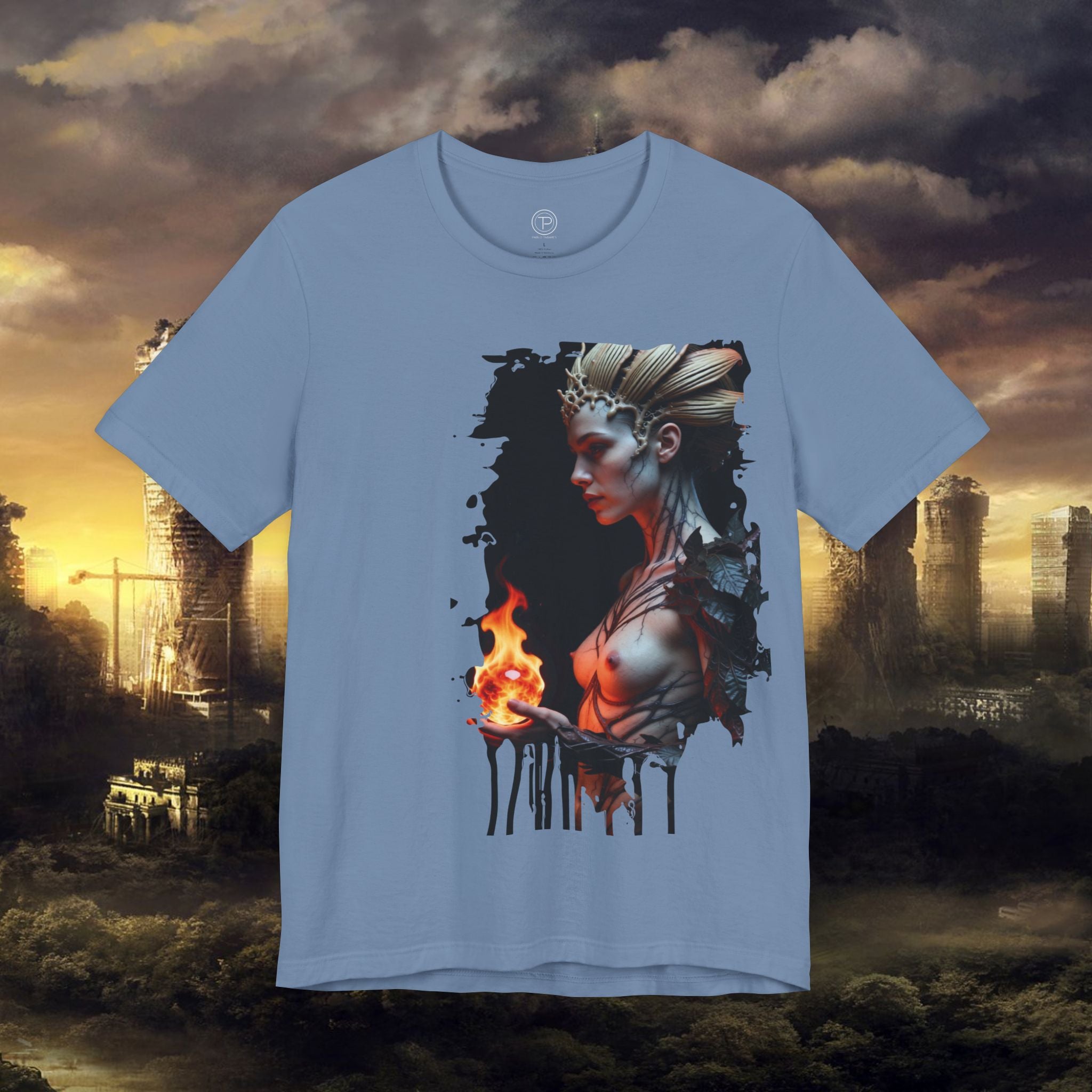 Mythic Fire Goddess T‑Shirt — Fantasy Portrait Tee with Flaming Orb - Alexia Ashford Side Face