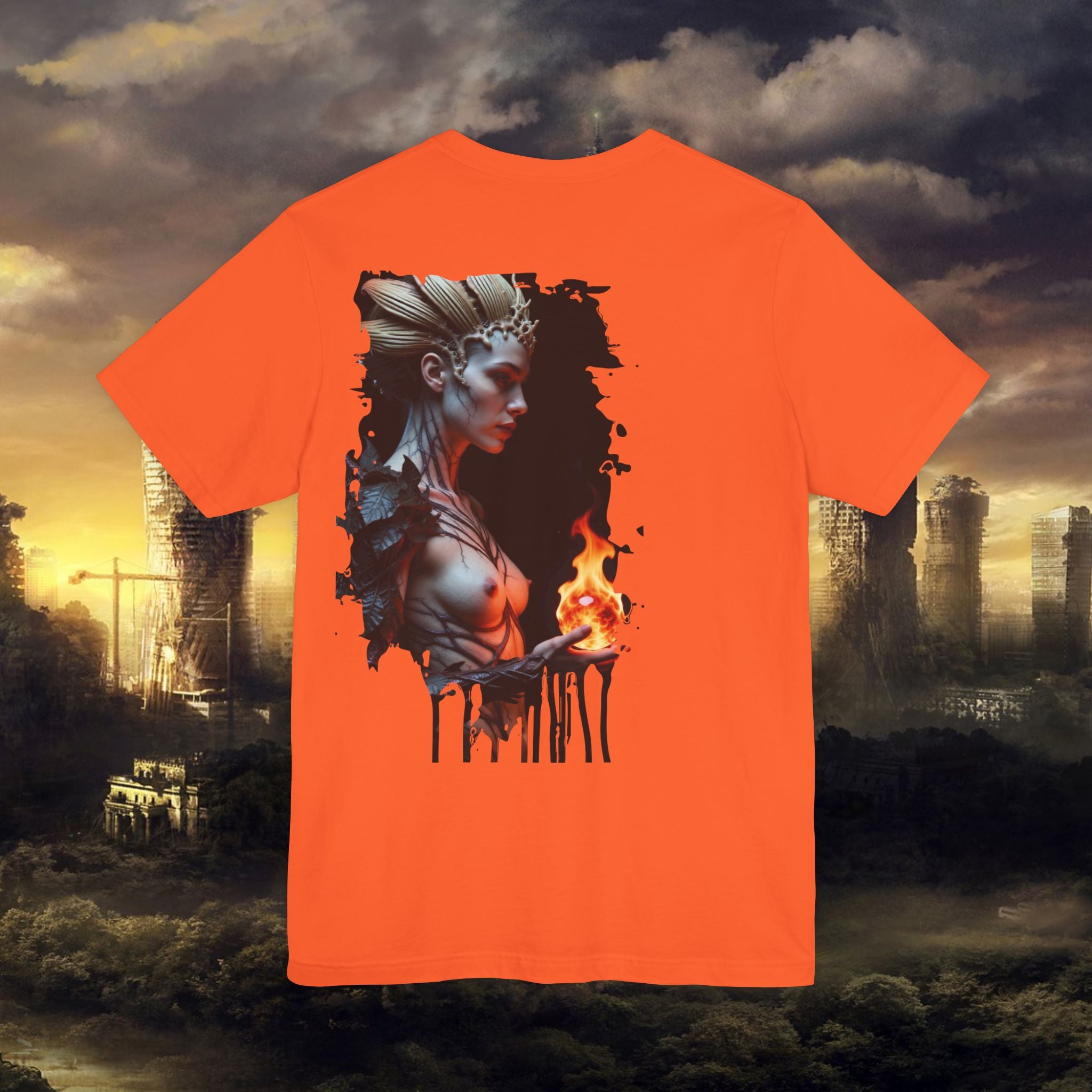 Mythic Fire Goddess T‑Shirt — Fantasy Portrait Tee with Flaming Orb - Alexia Ashford Side Face