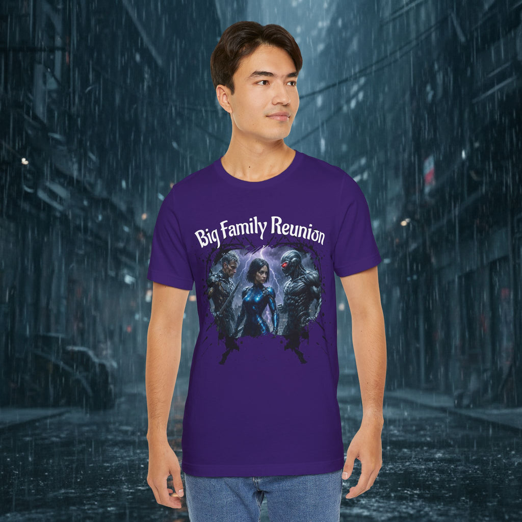 T-Shirt — "Big Family Reunion" Sci‑Fi Character Heart Graphic Tee - Battle Suits