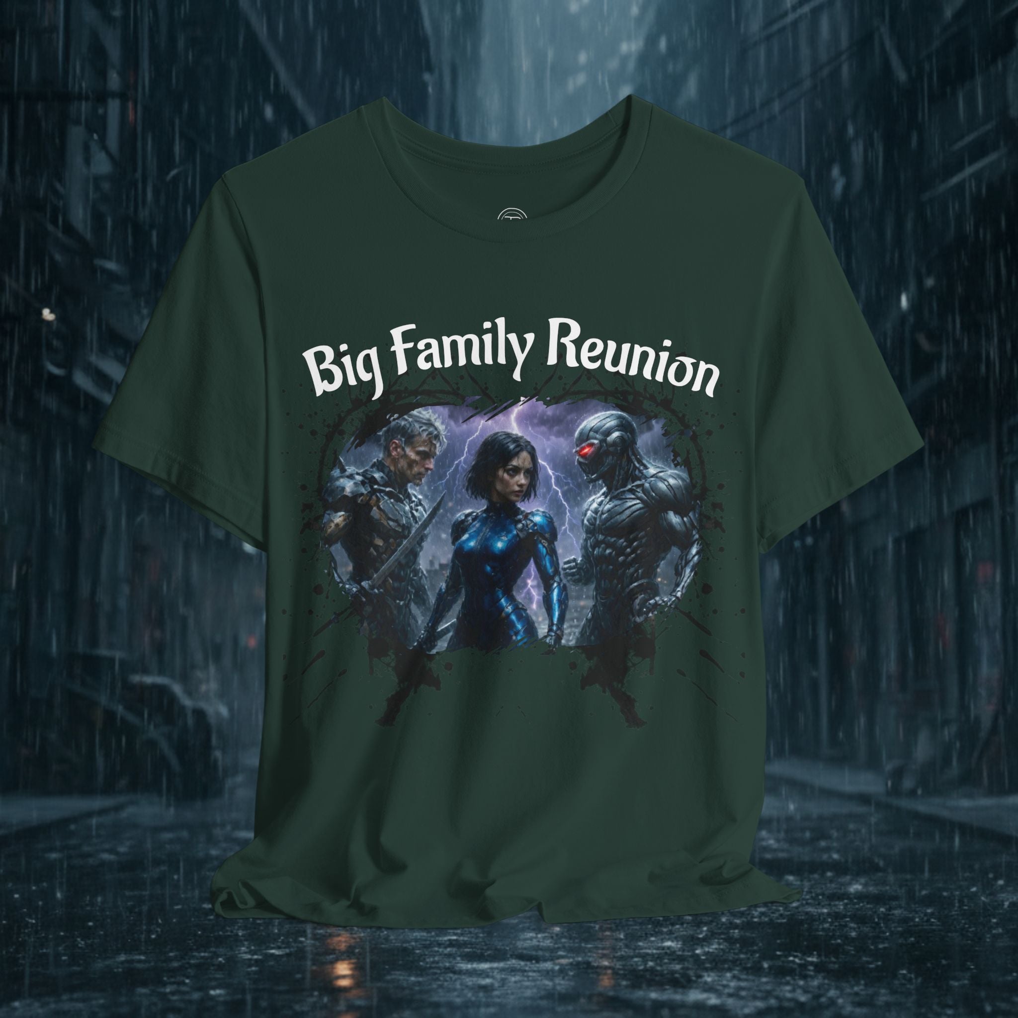 T-Shirt — "Big Family Reunion" Sci‑Fi Character Heart Graphic Tee - Battle Suits