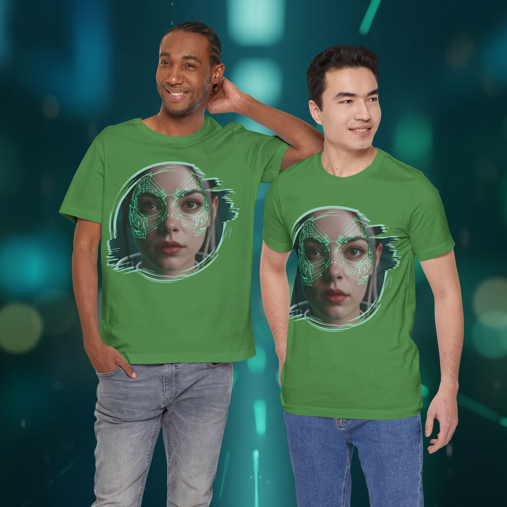 Cybernetic Portrait Tee — Futuristic Neon Circuit Face Graphic Shirt - Green Cyborg Woman