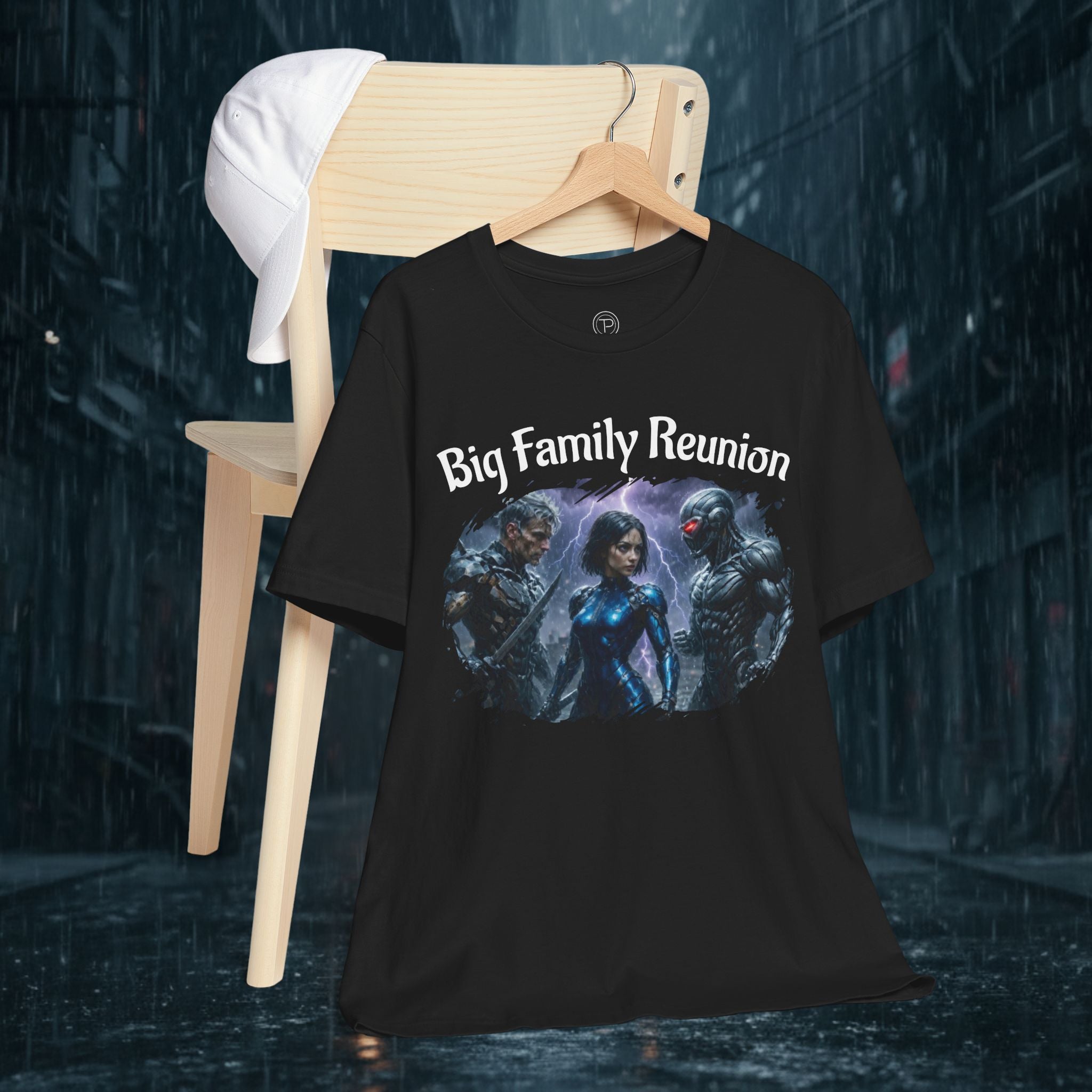 T-Shirt — "Big Family Reunion" Sci‑Fi Character Heart Graphic Tee - Battle Suits