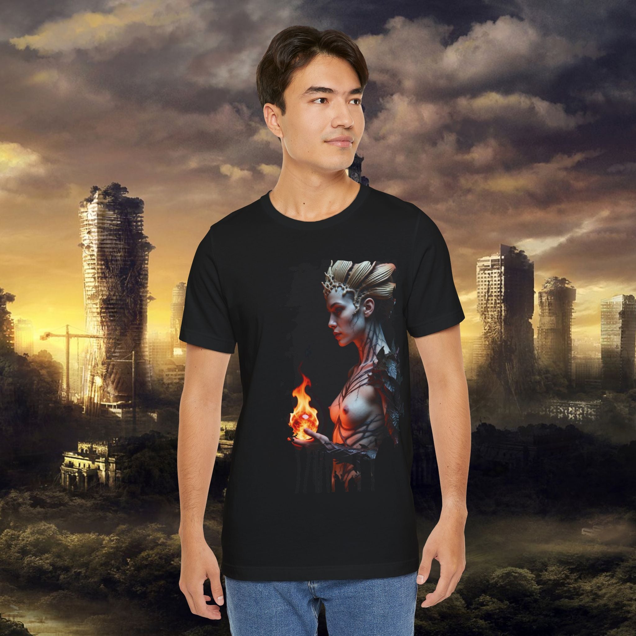 Mythic Fire Goddess T‑Shirt — Fantasy Portrait Tee with Flaming Orb - Alexia Ashford Side Face