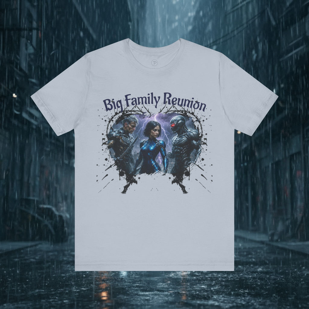 T-Shirt — "Big Family Reunion" Sci‑Fi Character Heart Graphic Tee - Battle Suits