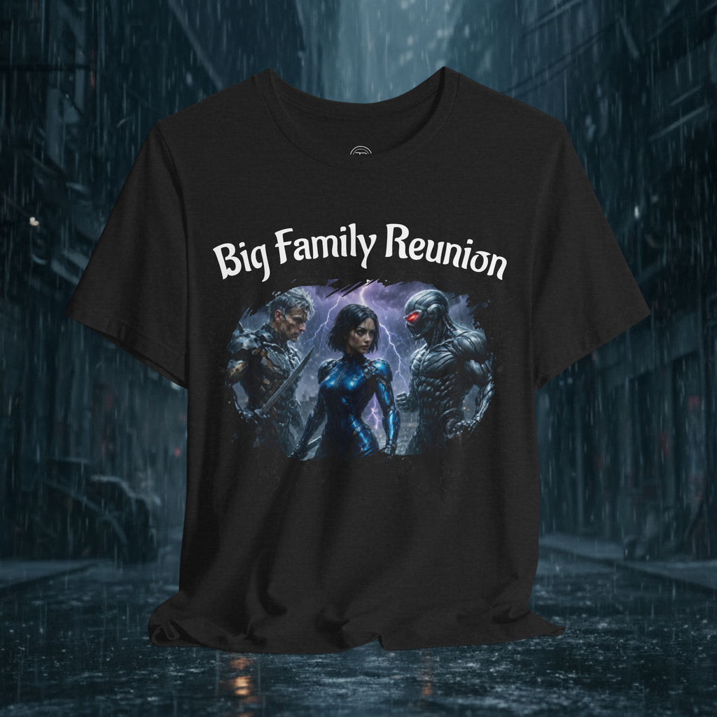 T-Shirt — "Big Family Reunion" Sci‑Fi Character Heart Graphic Tee - Battle Suits