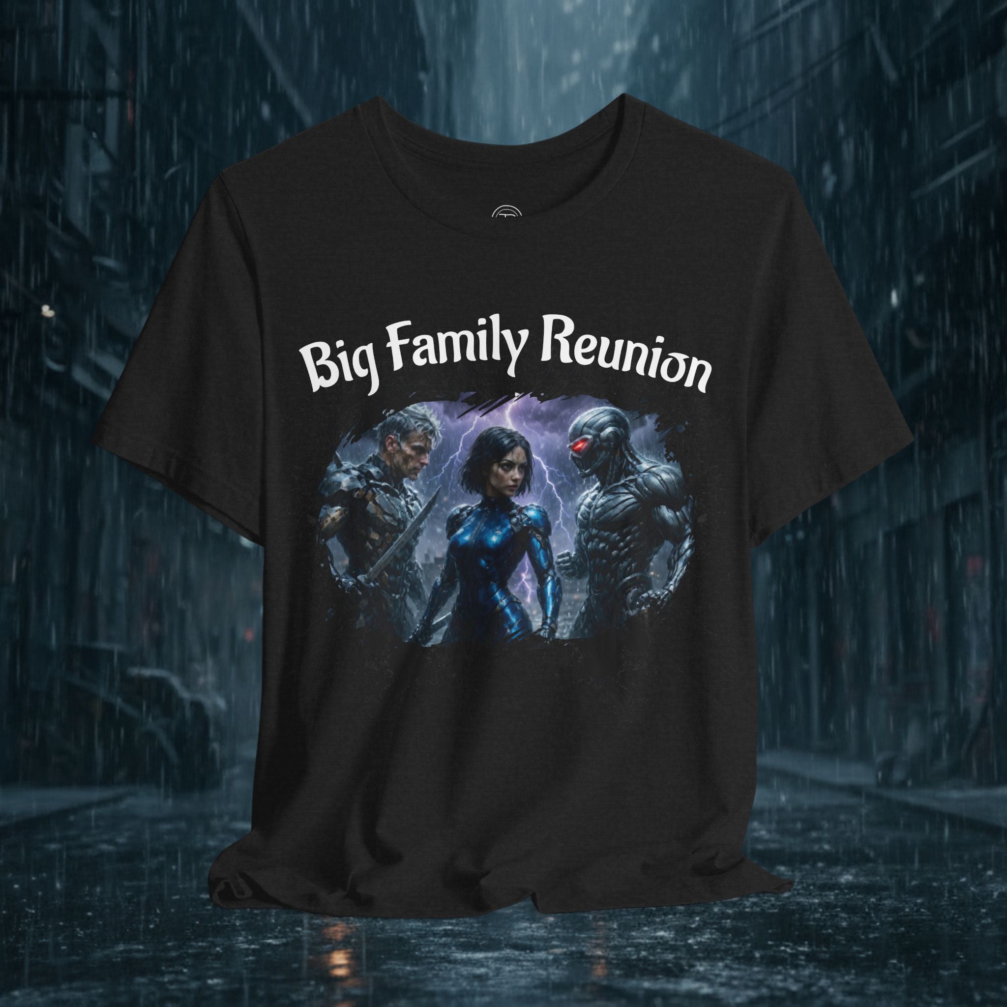 T-Shirt — "Big Family Reunion" Sci‑Fi Character Heart Graphic Tee - Battle Suits